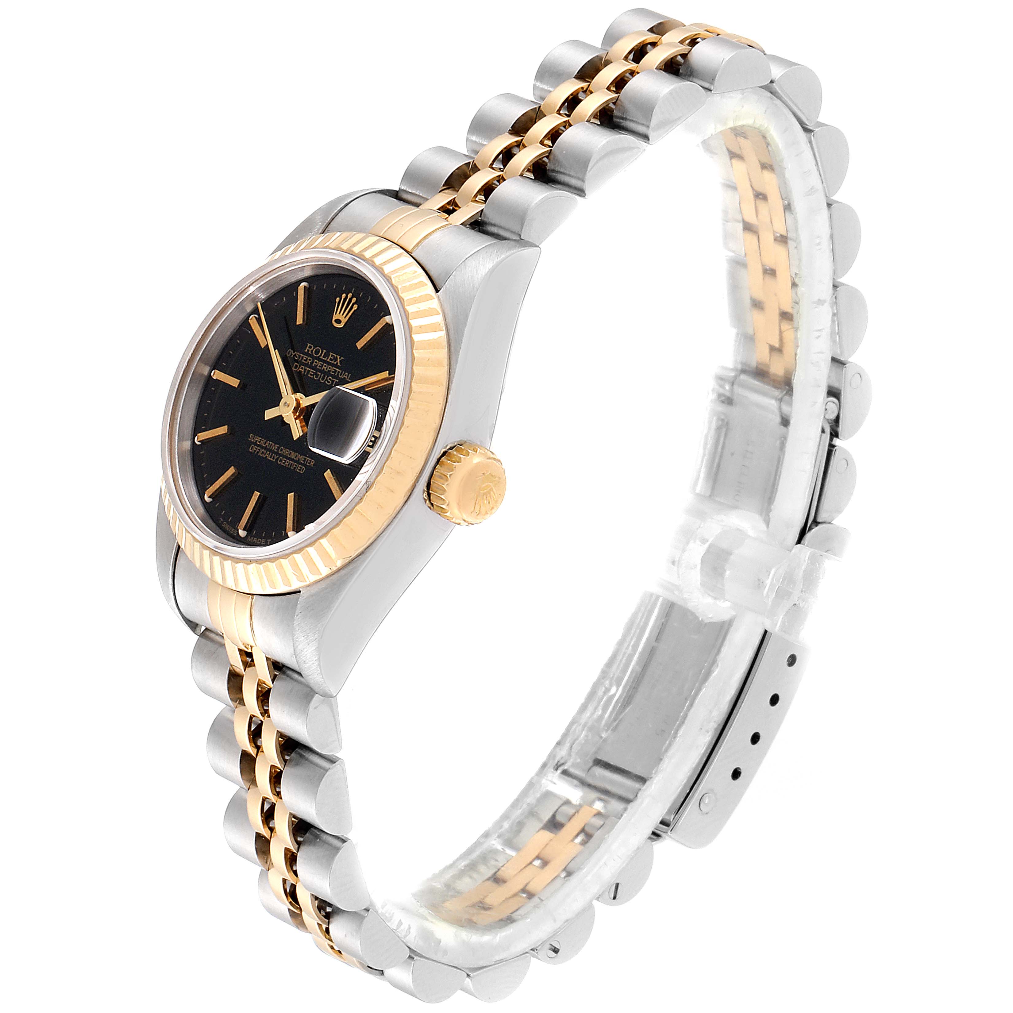 This image shows a side angle of the Rolex Datejust 69173 Women's Steel and Gold (two tone) Black Dial 69173 Women's Steel and Gold (two tone) Black Dial watch, highlighting the bracelet, bezel, dial, and crown.