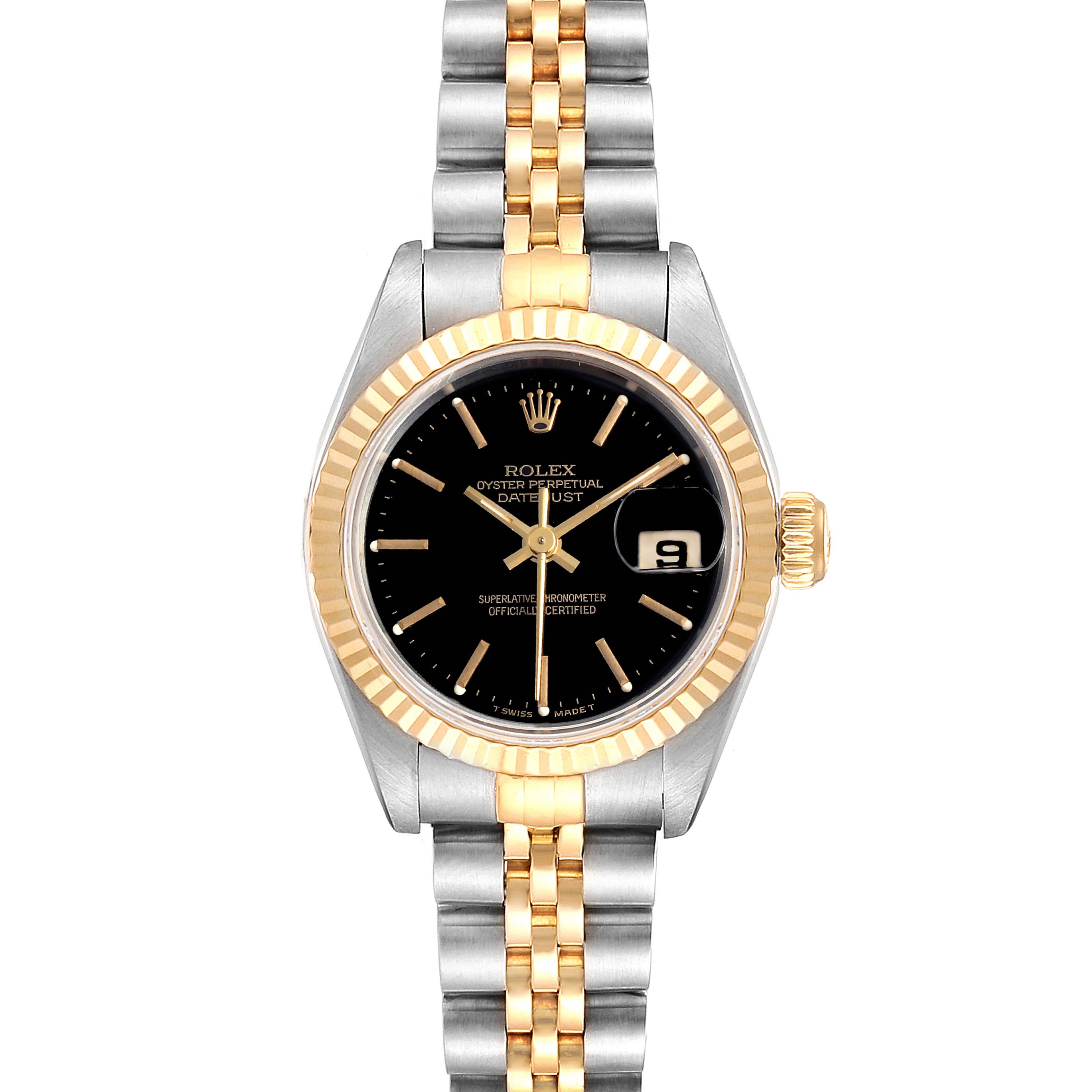 The image shows a frontal view of a Rolex Datejust 69173 Women's Steel and Gold (two tone) Black Dial 69173 Women's Steel and Gold (two tone) Black Dial watch, highlighting its two-tone bracelet and black dial with a date display.