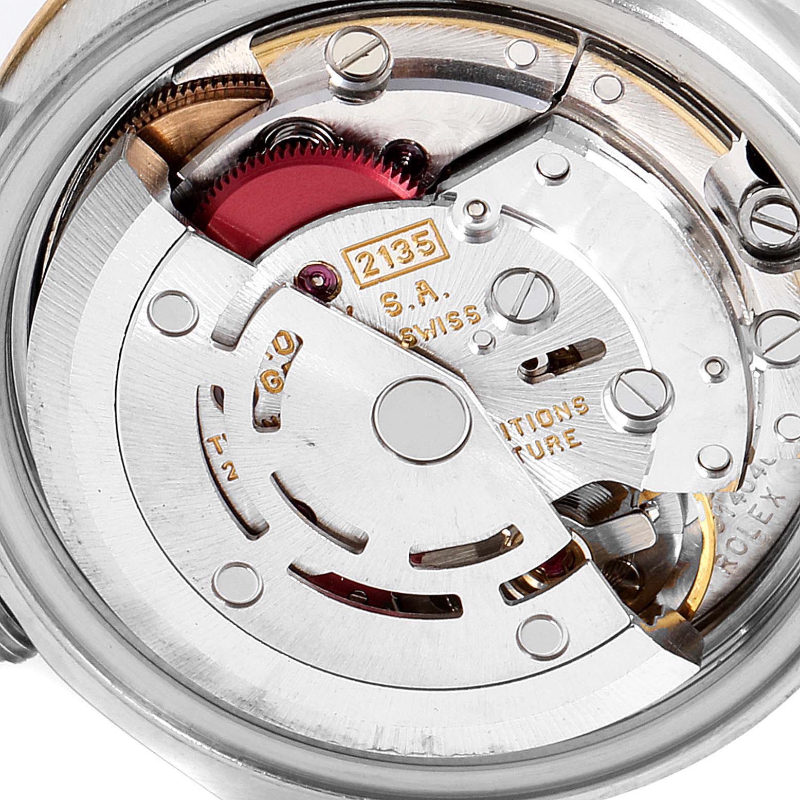 The image shows an up-close view of the internal movement mechanism of a Rolex Datejust 69173 Women's Steel and Gold (two tone) Black Dial 69173 Women's Steel and Gold (two tone) Black Dial watch.