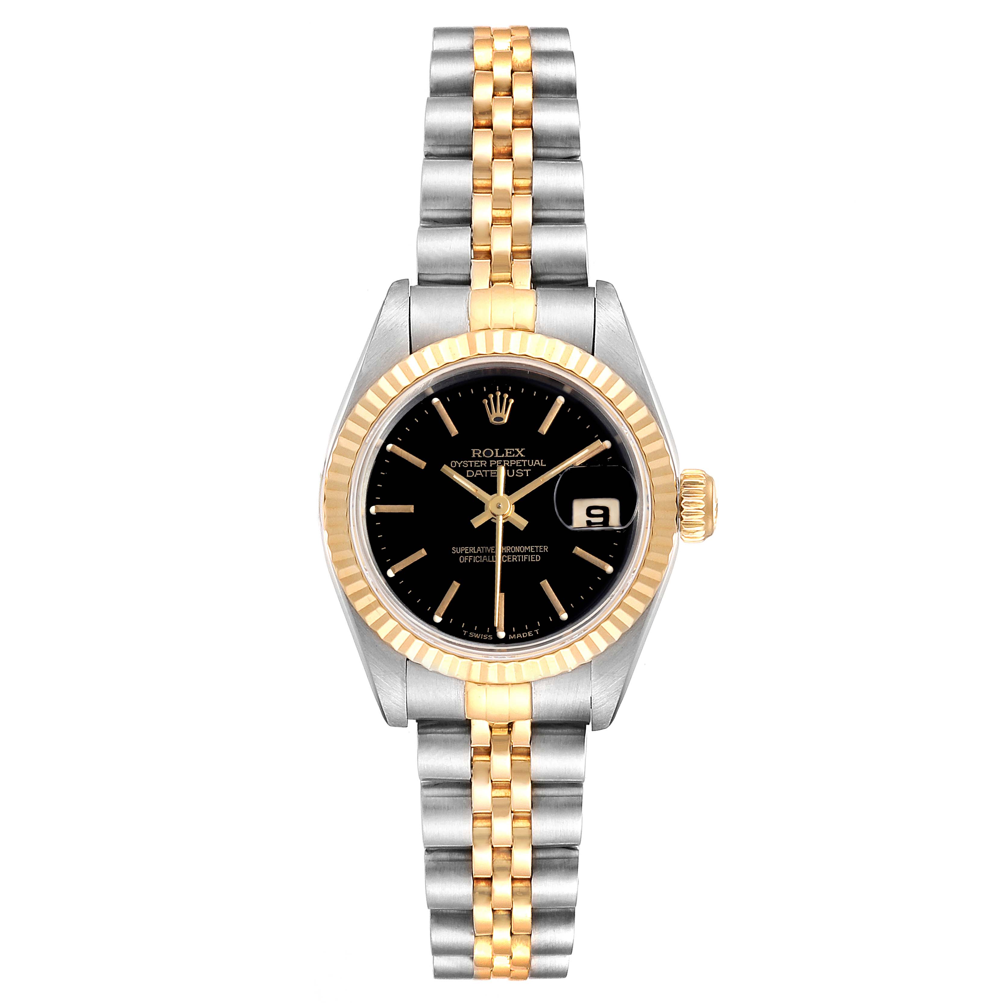 This image shows a front view of a Rolex Datejust 69173 Women's Steel and Gold (two tone) Black Dial 69173 Women's Steel and Gold (two tone) Black Dial watch, highlighting its dial, bezel, and two-tone bracelet.