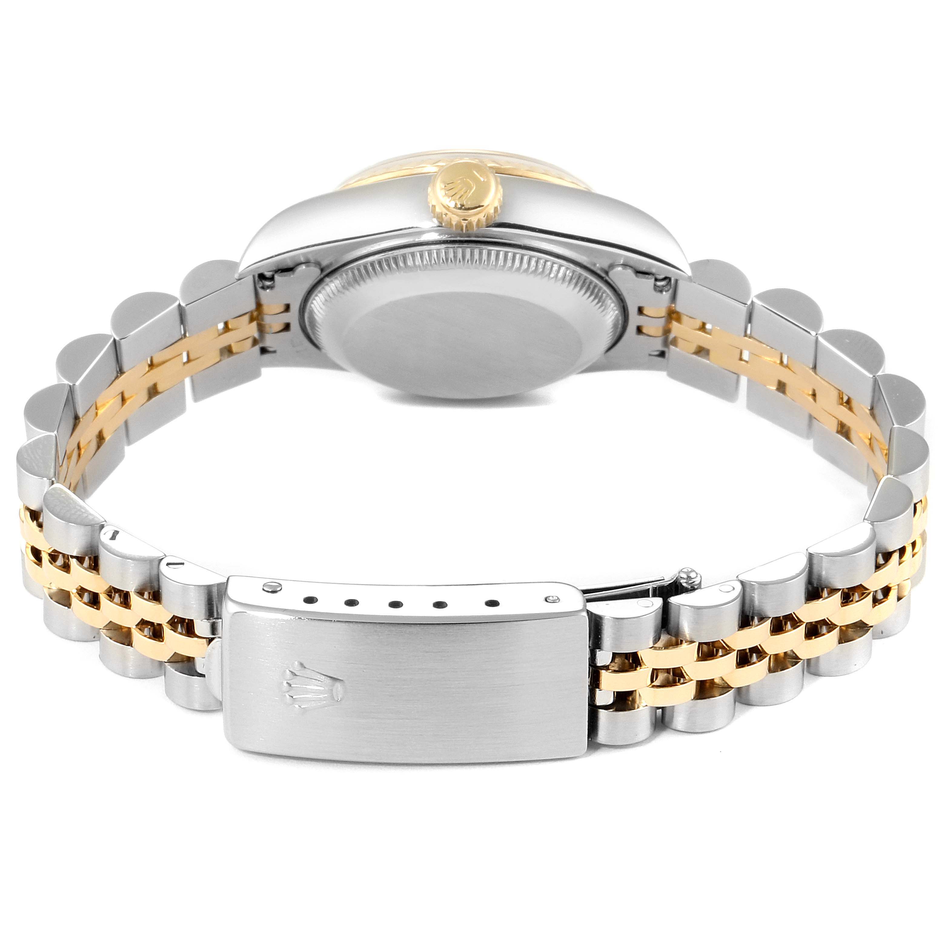 The image shows the back casing and bracelet of a Rolex Datejust 69173 Women's Steel and Gold (two tone) Black Dial 69173 Women's Steel and Gold (two tone) Black Dial watch, focusing on the clasp and crown.