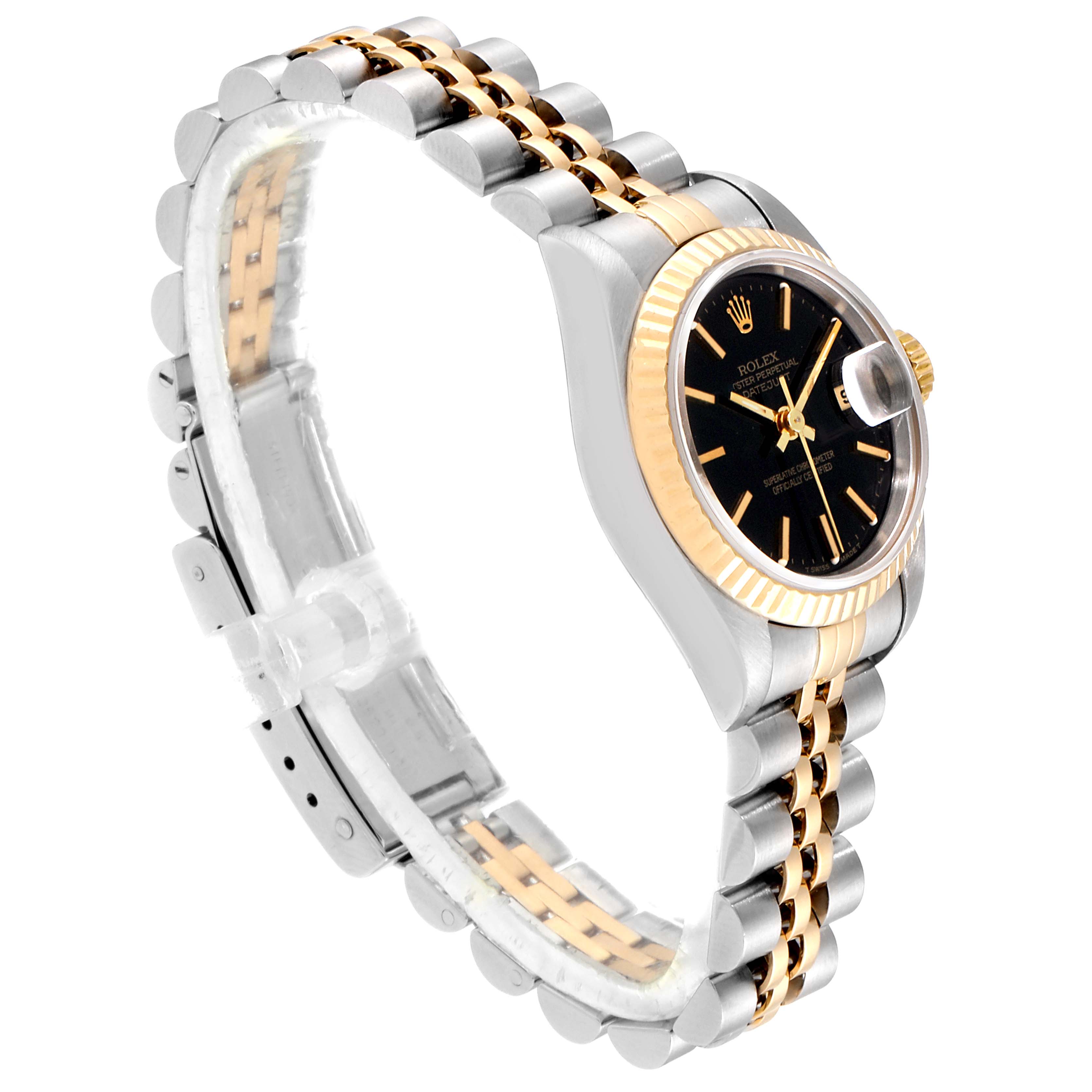The Rolex Datejust 69173 Women's Steel and Gold (two tone) Black Dial 69173 Women's Steel and Gold (two tone) Black Dial model is shown at an angled side view, highlighting its two-tone bracelet and black dial with a date display.