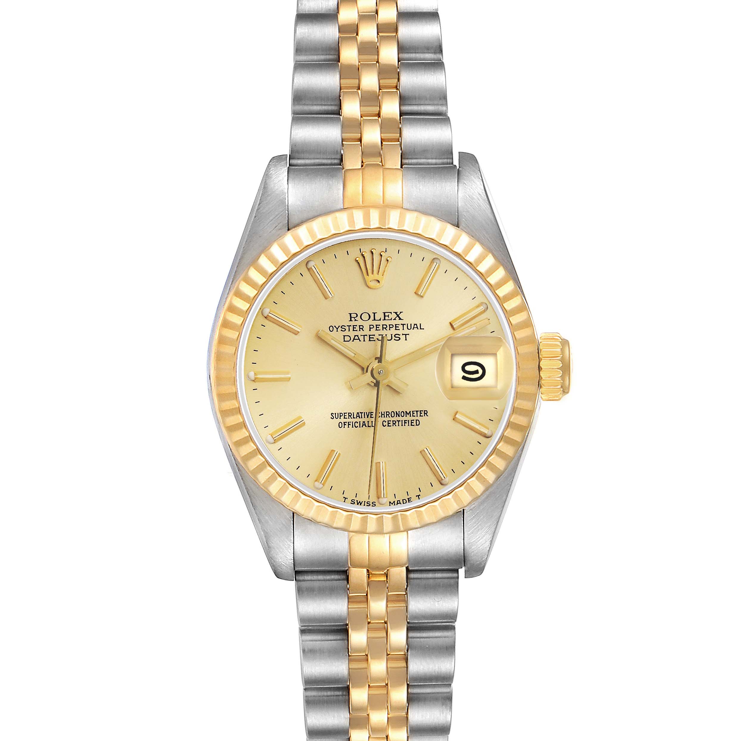 The Rolex Datejust 69173 Women
s Steel and Gold (two tone) Champagne Dial watch is shown from a top-down angle, displaying its face, bezel, and two-tone bracelet.