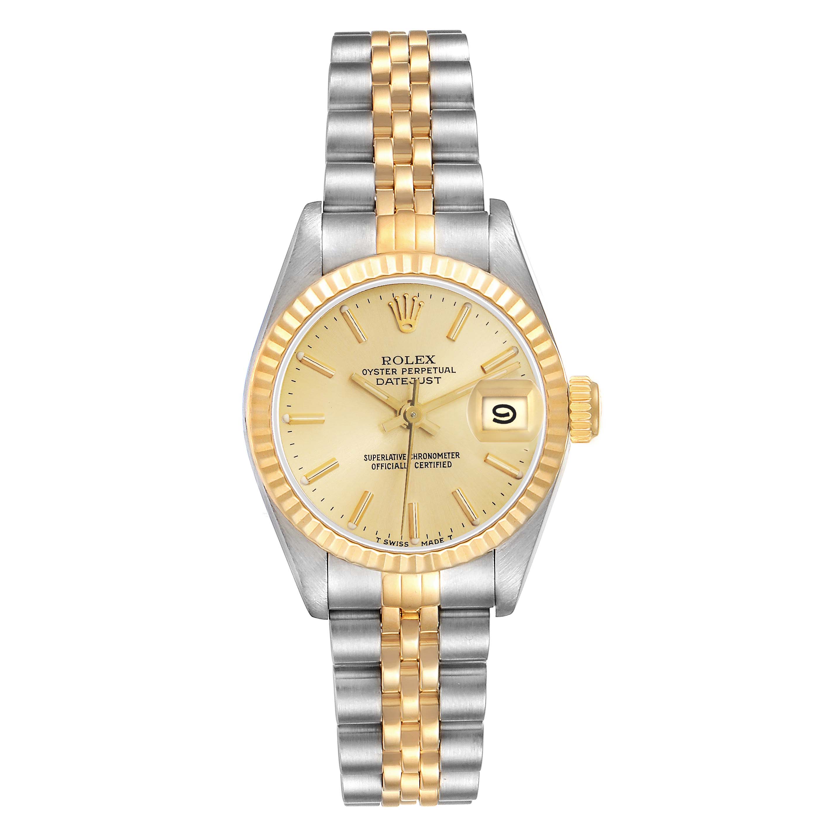 The Rolex Datejust 69173 Women
s Steel and Gold (two tone) Champagne Dial watch is shown from a front view, highlighting the face, bezel, hour markers, date, and bracelet.