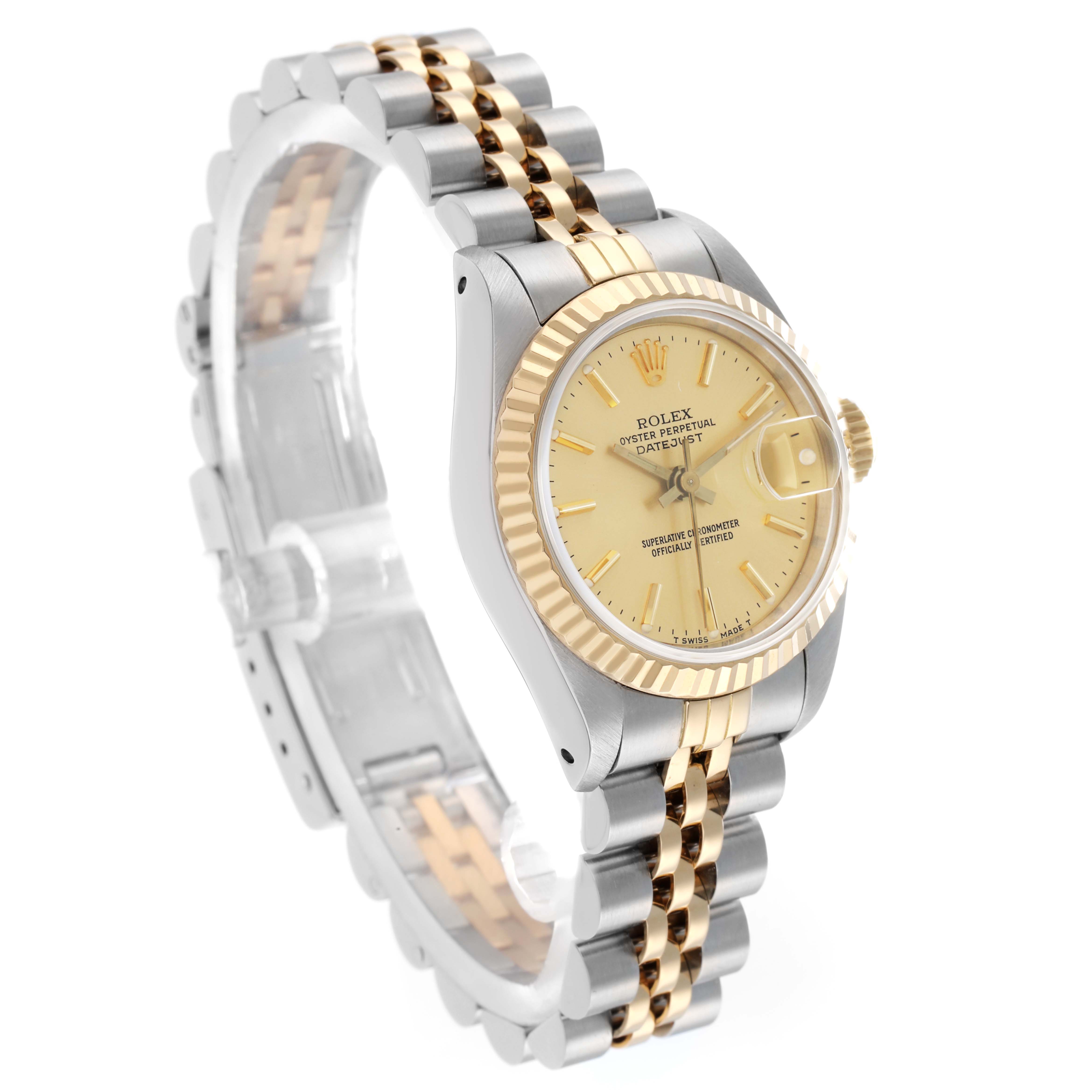 The Rolex Datejust 69173 Women
s Steel and Gold (two tone) Champagne Dial watch is shown at a three-quarter angle, featuring the dial, bezel, bracelet, and crown.