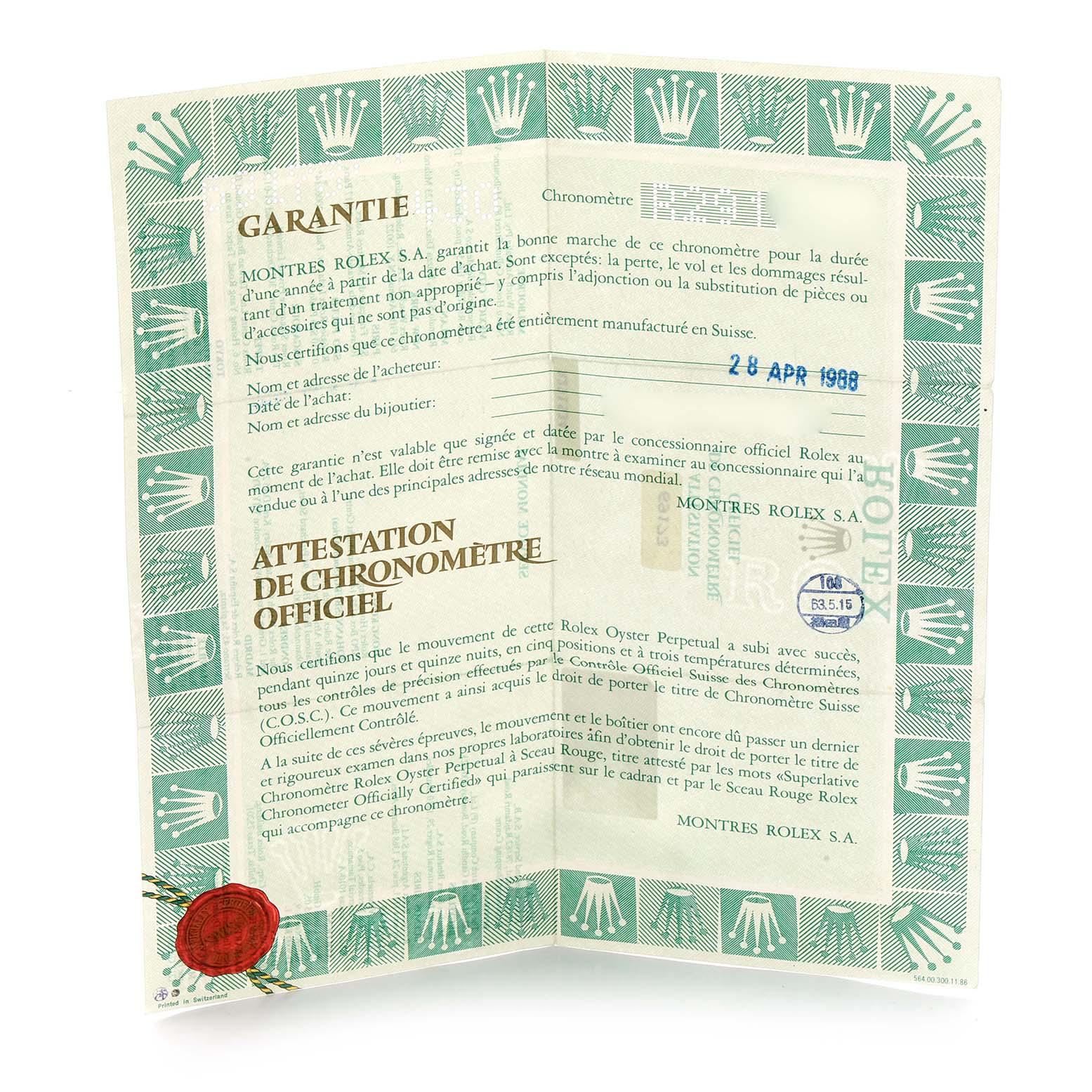 The image shows a folded warranty paper for a Rolex Datejust 69173 Women
s Steel and Gold (two tone) Champagne Dial, featuring text and a decorative border with the Rolex logo.