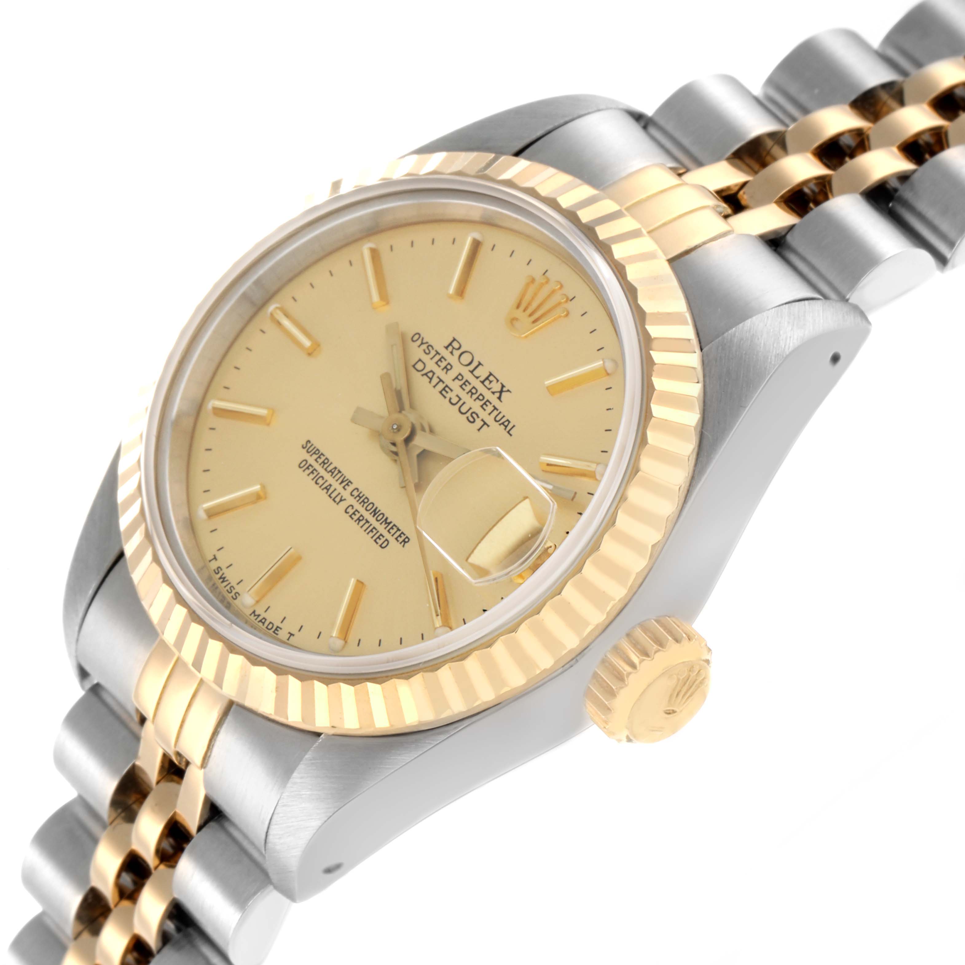 The Rolex Datejust 69173 Women
s Steel and Gold (two tone) Champagne Dial watch is shown at an angled close-up, highlighting the bezel, dial, and part of the bracelet.