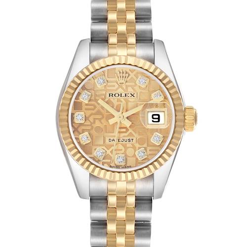 The Rolex Datejust 179173 Women's Steel and Gold (two tone) Champagne Dial watch is shown from a top-down angle, highlighting the dial, bezel, crown, and bracelet.