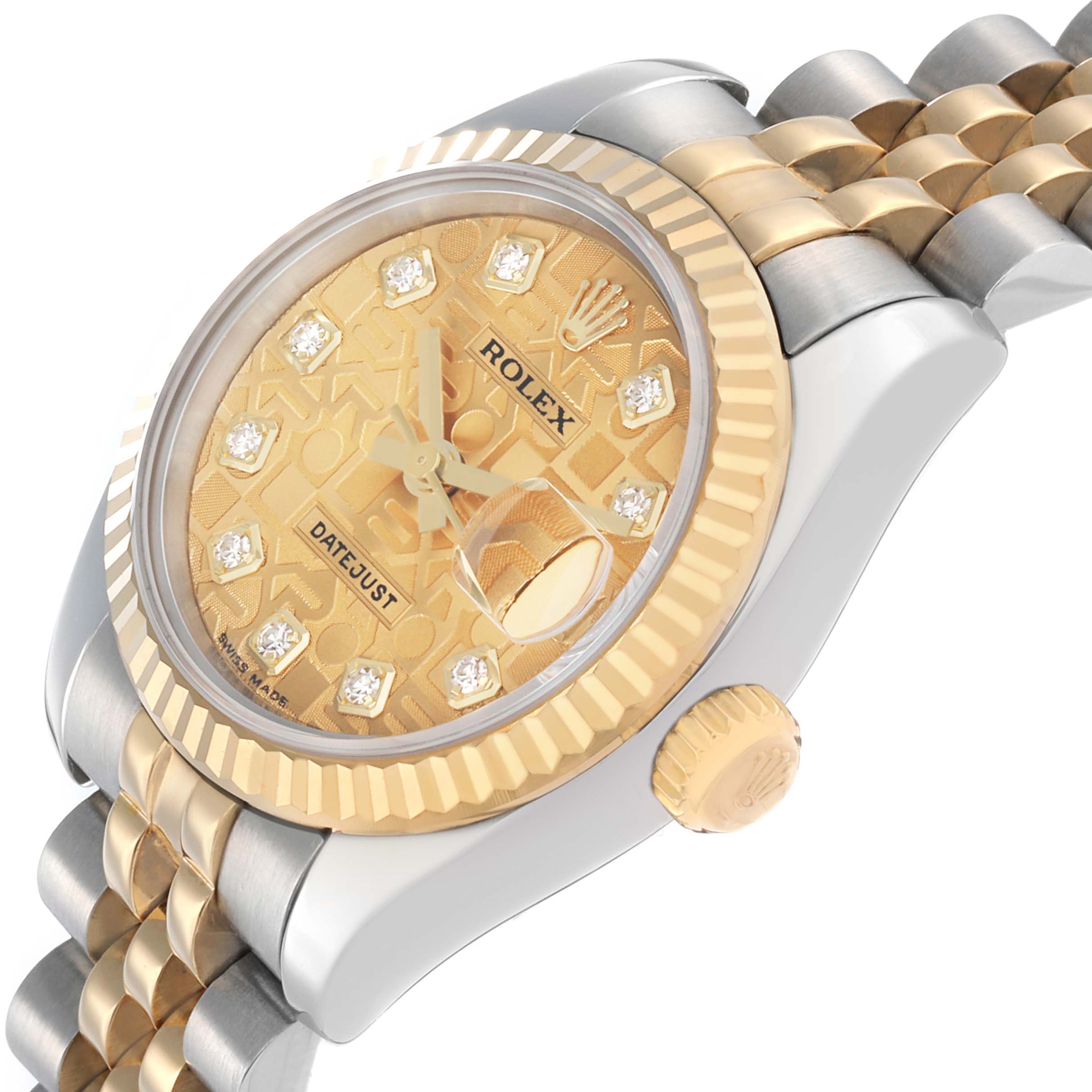 The image shows a side angle of the Rolex Datejust 179173 Women
s Steel and Gold (two tone) Champagne Dial, highlighting the gold dial, bezel, crown, and two-tone bracelet.