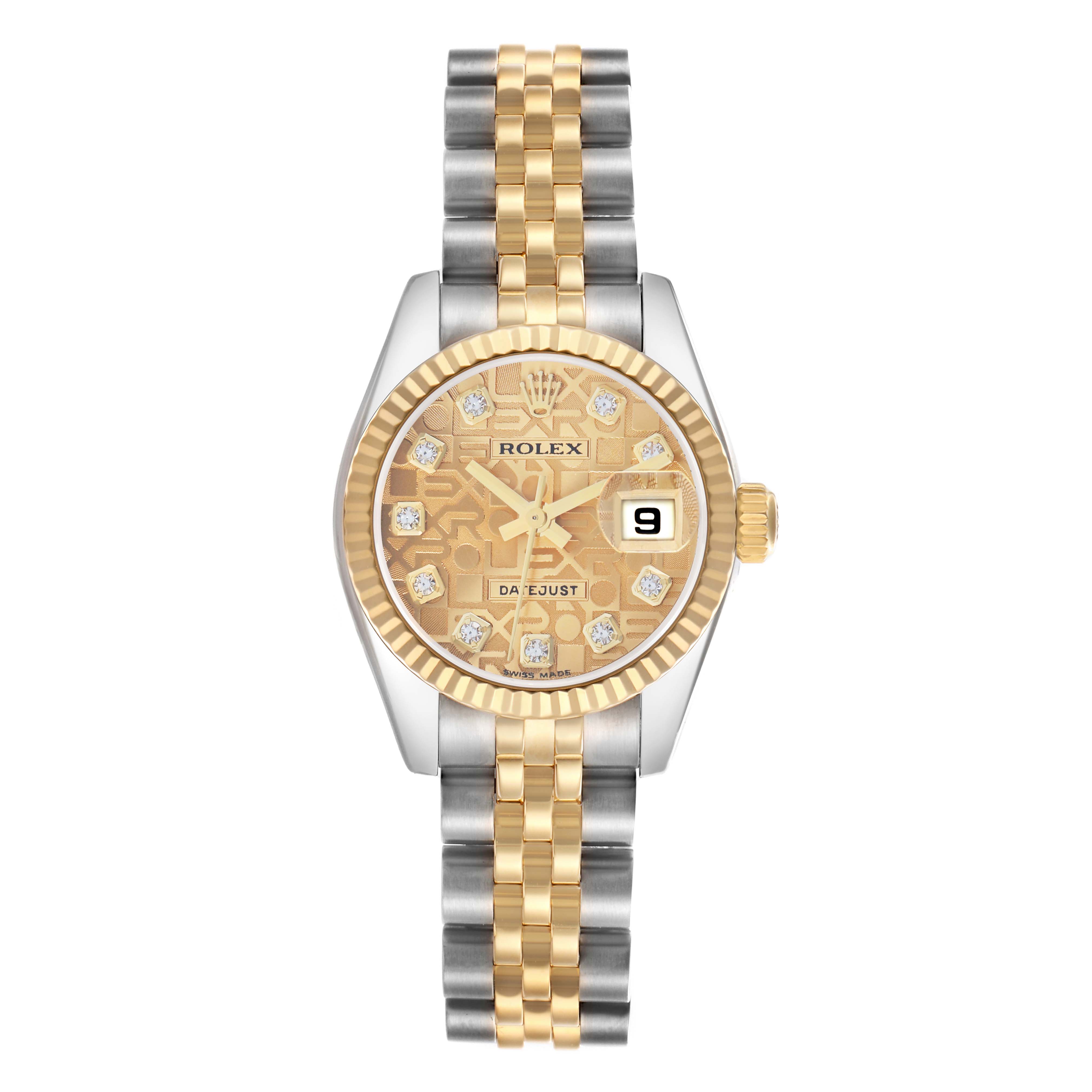 The Rolex Datejust 179173 Women
s Steel and Gold (two tone) Champagne Dial watch is shown from the front, highlighting the dial, bezel, bracelet, and crown.