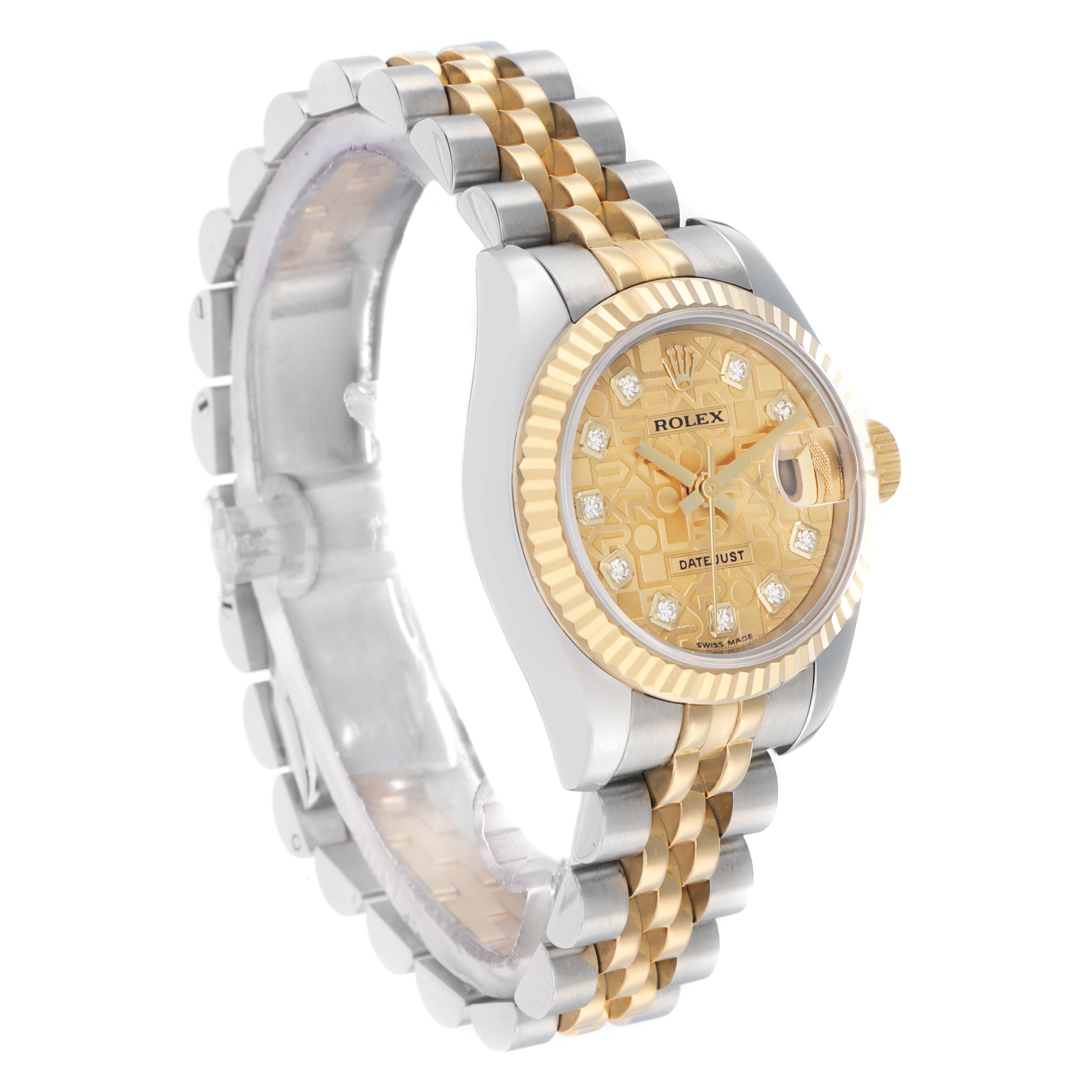 The Rolex Datejust 179173 Women
s Steel and Gold (two tone) Champagne Dial watch is shown at a slight angle, highlighting its two-tone bracelet, fluted bezel, and diamond hour markers.
