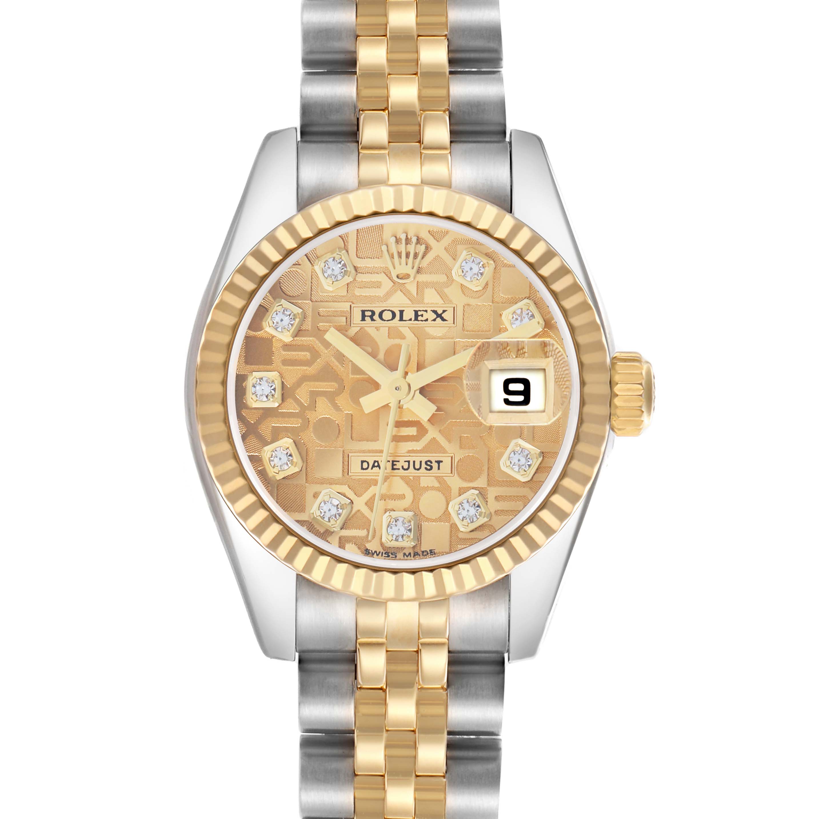 The Rolex Datejust 179173 Women
s Steel and Gold (two tone) Champagne Dial is shown from a top-down angle, highlighting its dial, fluted bezel, and two-tone bracelet.