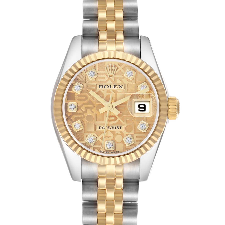 The Rolex Datejust 179173 Women's Steel and Gold (two tone) Champagne Dial is shown from a top-down angle, highlighting its dial, fluted bezel, and two-tone bracelet.