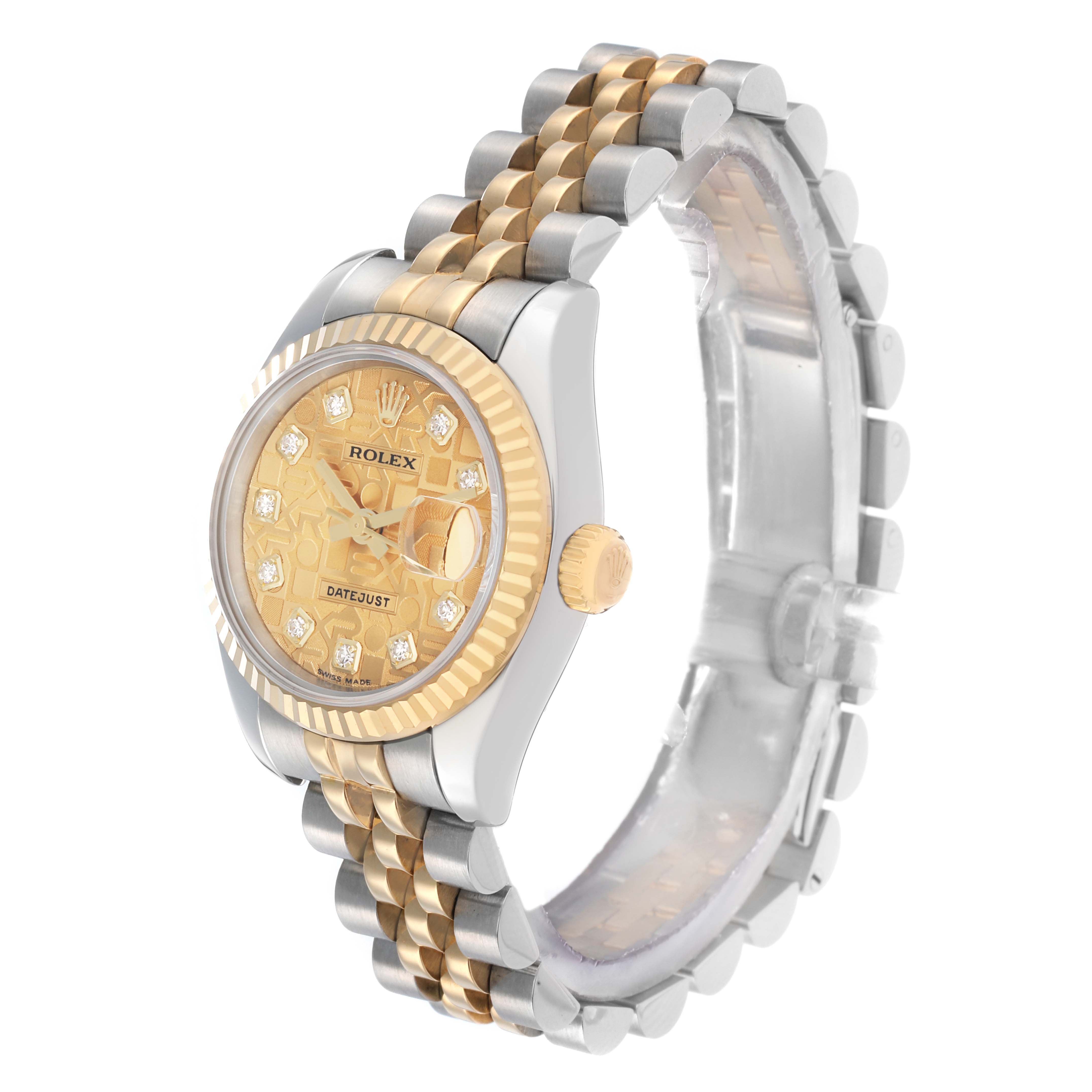 The Rolex Datejust 179173 Women
s Steel and Gold (two tone) Champagne Dial watch is shown at a three-quarter angle, highlighting the face, crown, two-tone bracelet, and bezel.