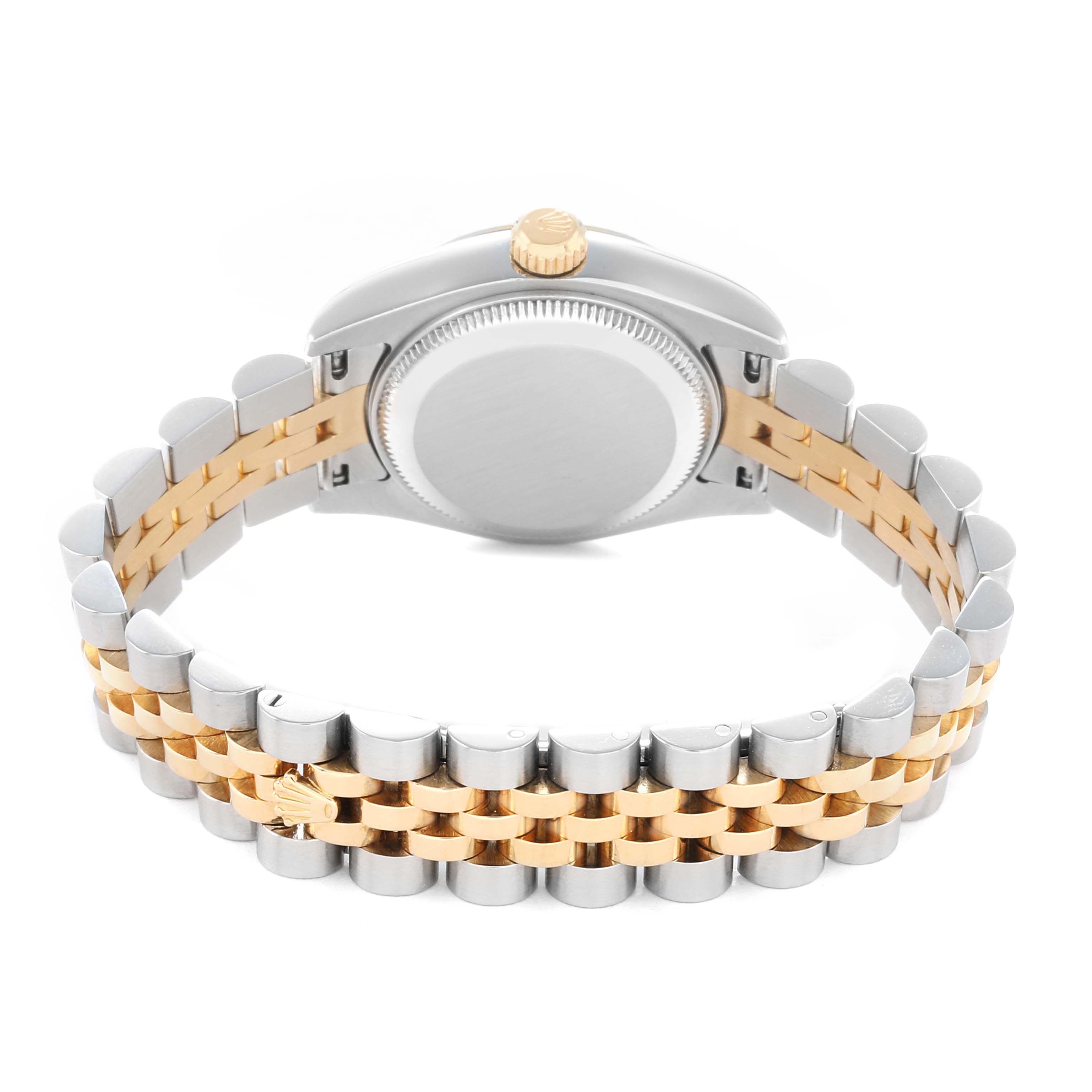 The image shows the back and bracelet of a Rolex Datejust 179173 Women
s Steel and Gold (two tone) Champagne Dial watch, highlighting the two-tone metal and the crown.
