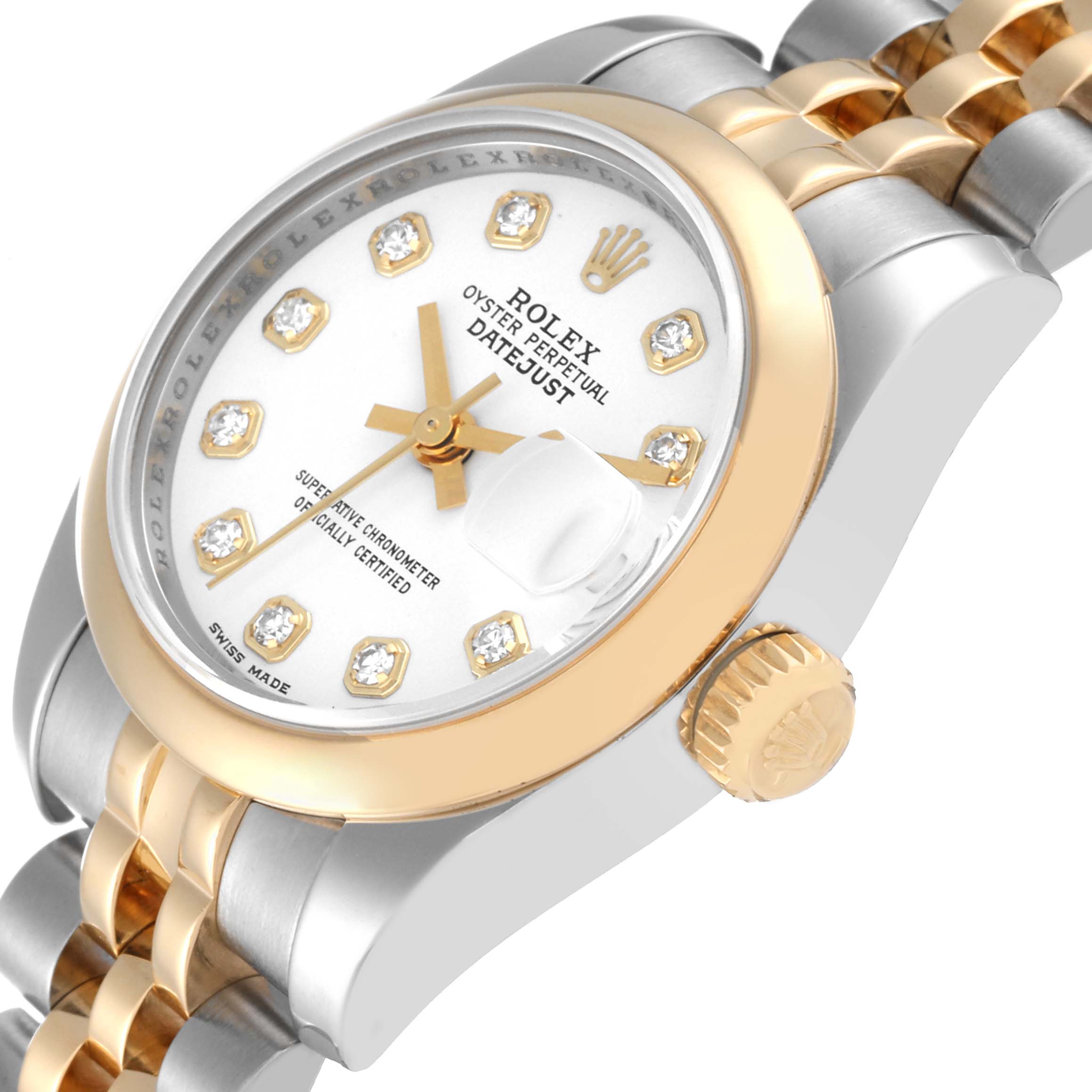 The image shows a close-up of the Rolex Datejust 179163 Women's Steel and Gold (two tone) White Dial 179163 Women's Steel and Gold (two tone) White Dial watch dial, crown, and bracelet at an angle.