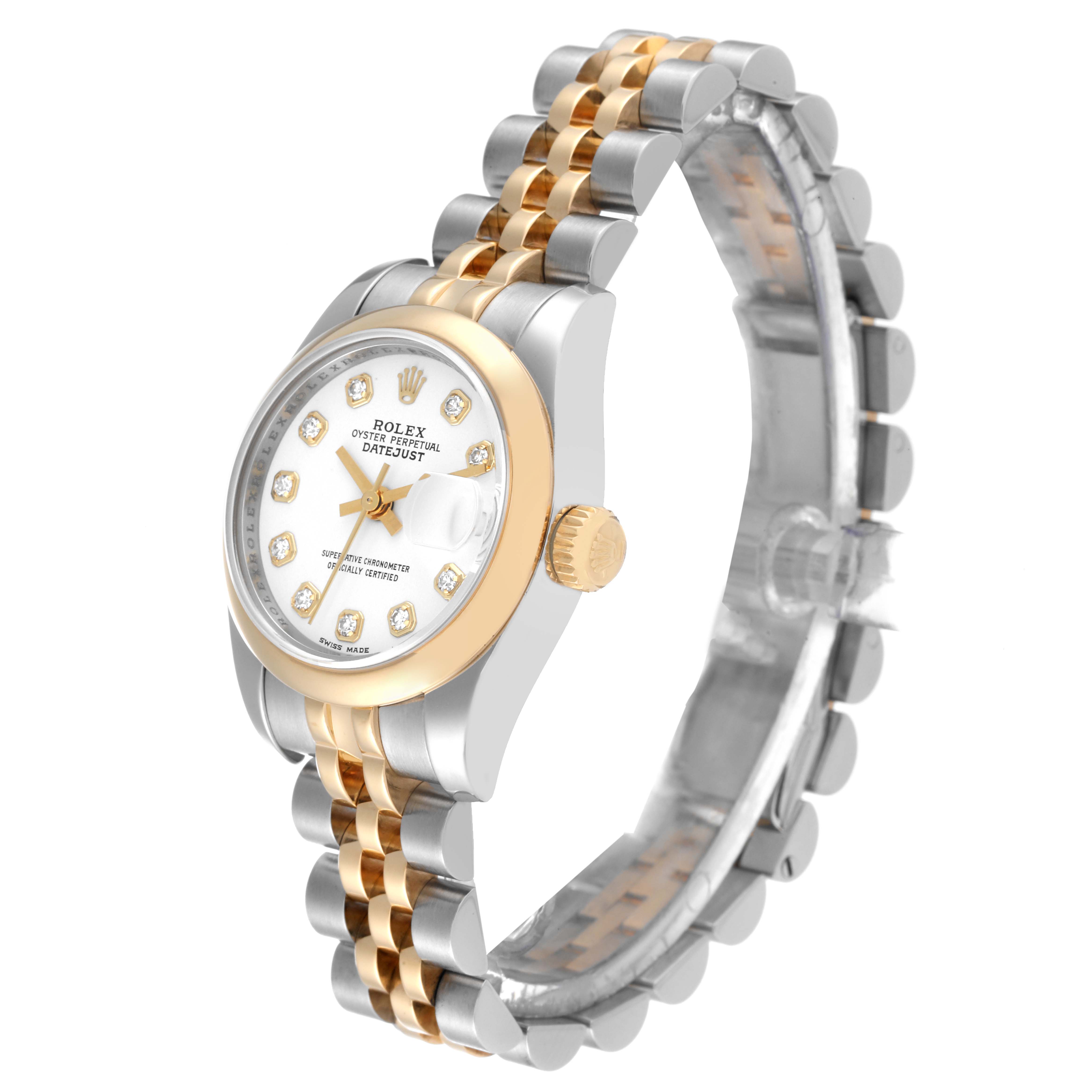 This image shows a side angle of a Rolex Datejust 179163 Women's Steel and Gold (two tone) White Dial 179163 Women's Steel and Gold (two tone) White Dial watch, highlighting the dial, bezel, crown, and two-tone bracelet.