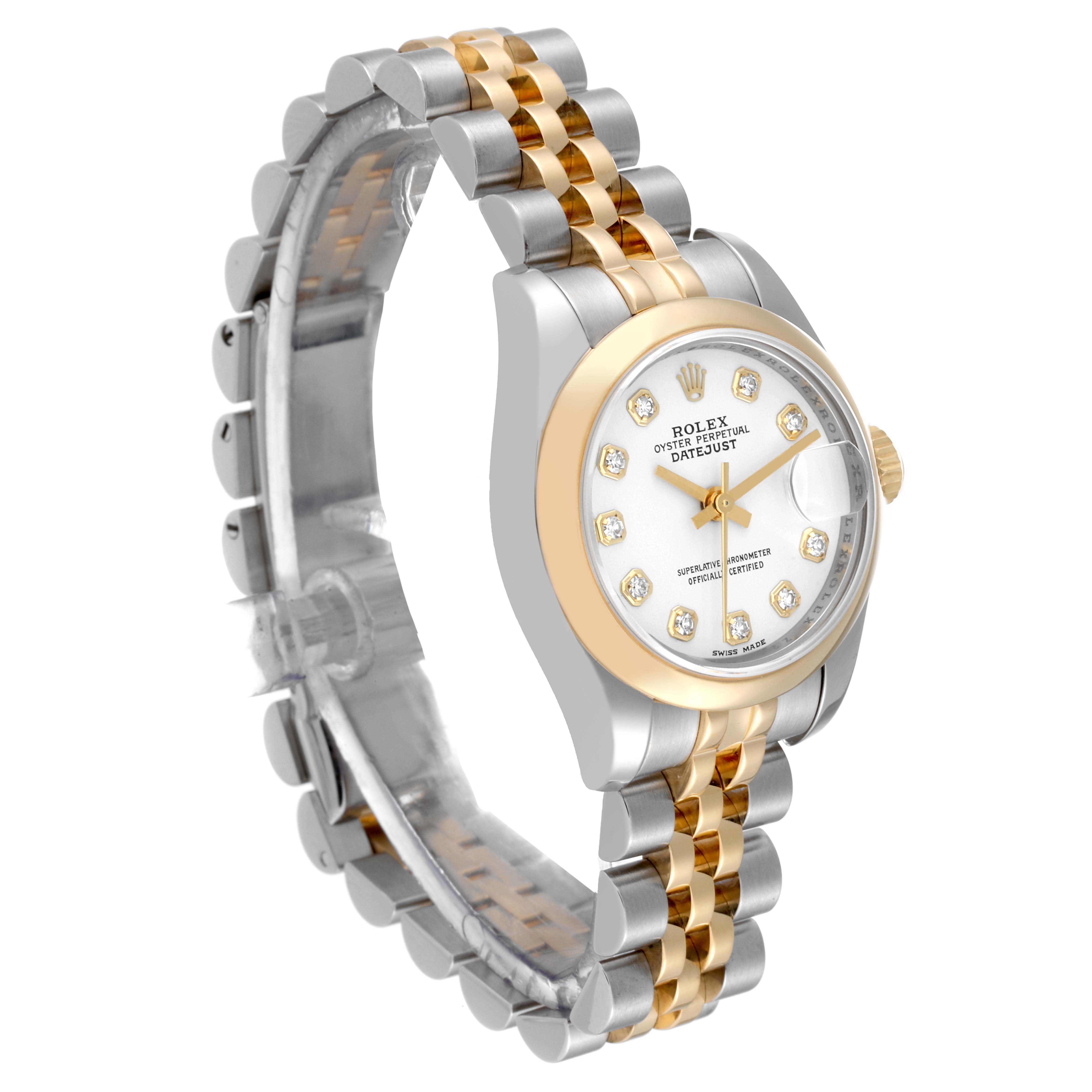 The Rolex Datejust 179163 Women's Steel and Gold (two tone) White Dial 179163 Women's Steel and Gold (two tone) White Dial watch is shown in a side angle, highlighting the dial, bezel, and two-tone bracelet.