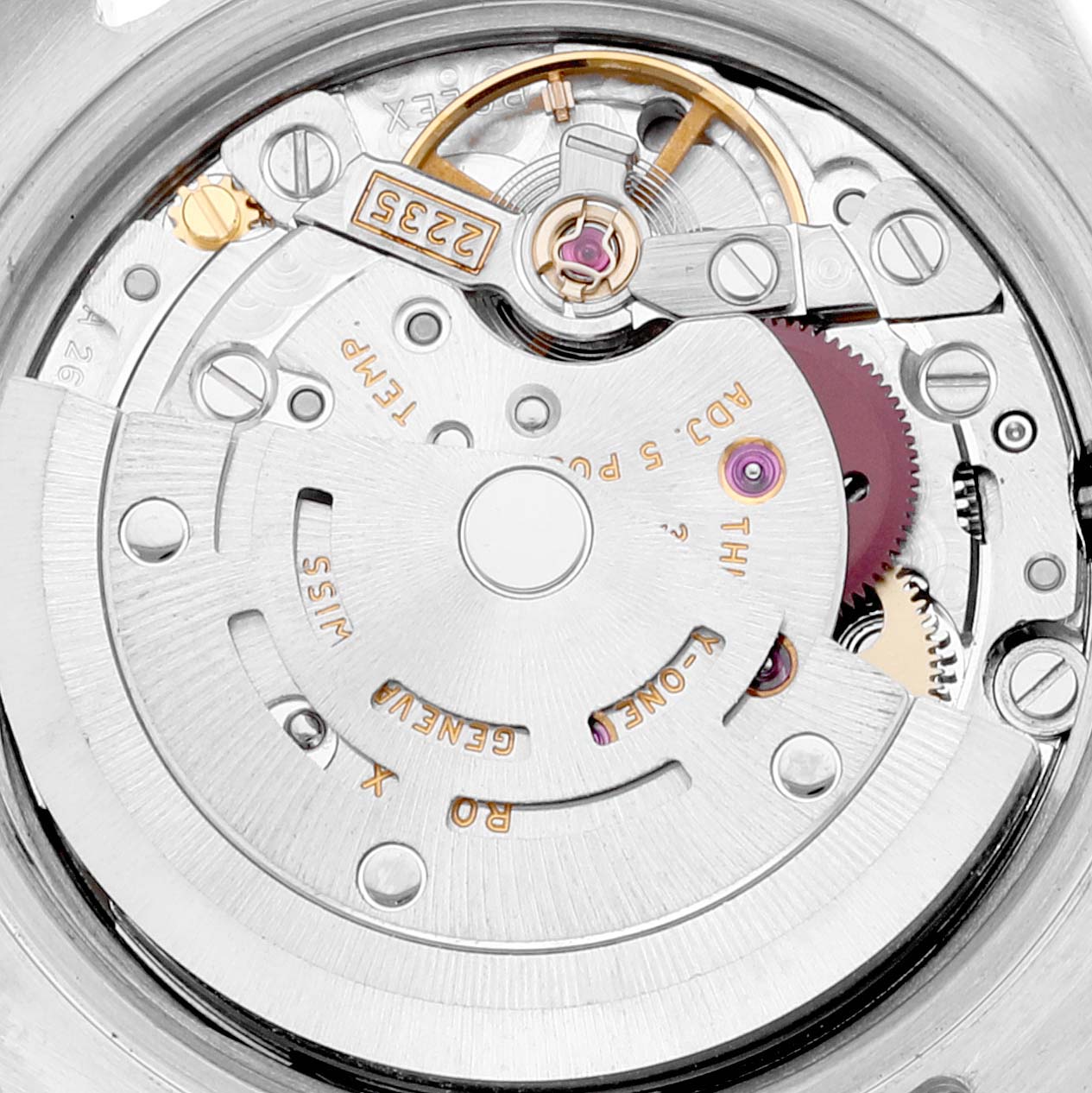 This image shows the movement mechanism of the Rolex Datejust 179163 Women's Steel and Gold (two tone) White Dial 179163 Women's Steel and Gold (two tone) White Dial watch, viewed from the back.