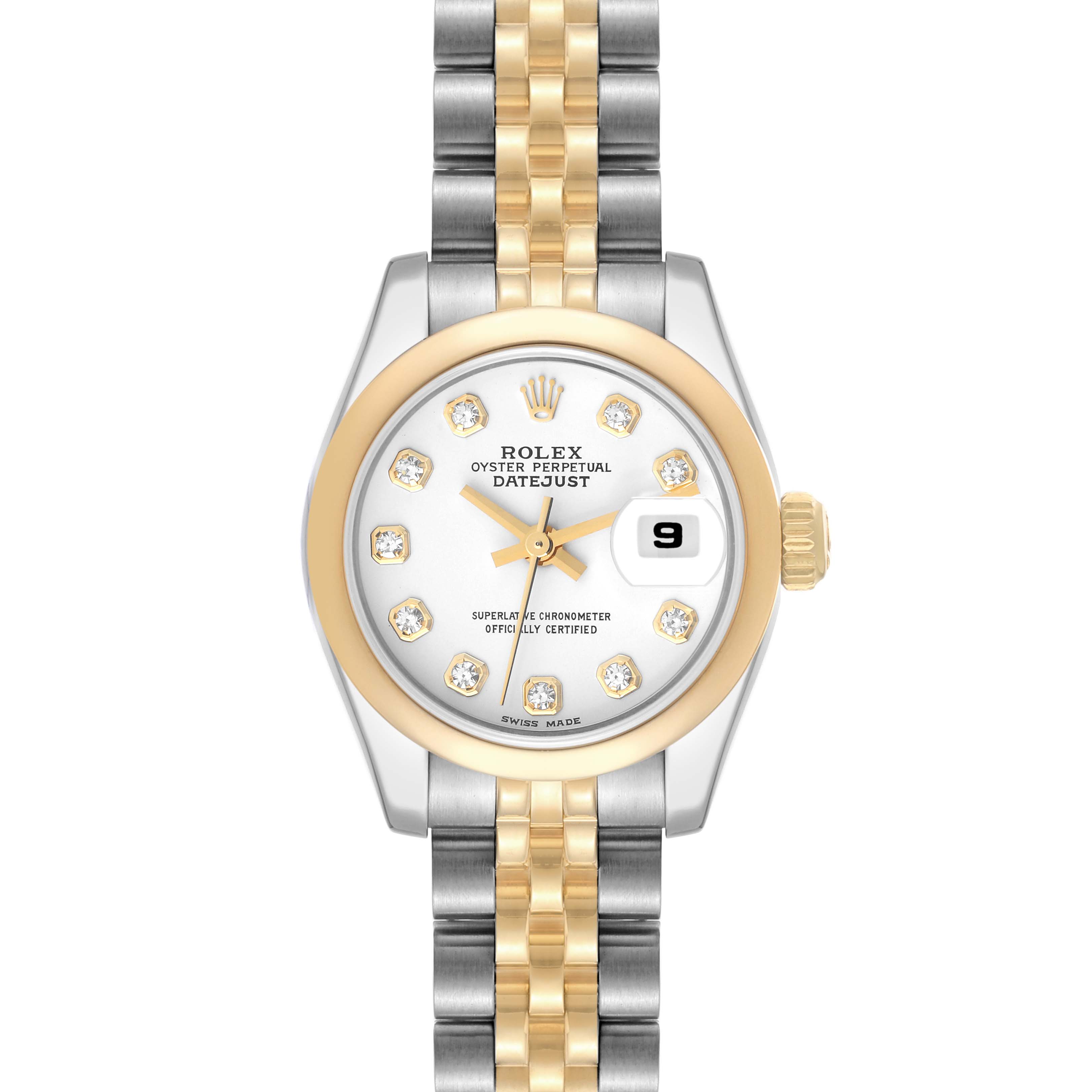 The Rolex Datejust 179163 Women's Steel and Gold (two tone) White Dial 179163 Women's Steel and Gold (two tone) White Dial watch is shown from a top-down angle, featuring its two-tone bracelet, bezel, dial with diamond markers, and date window.