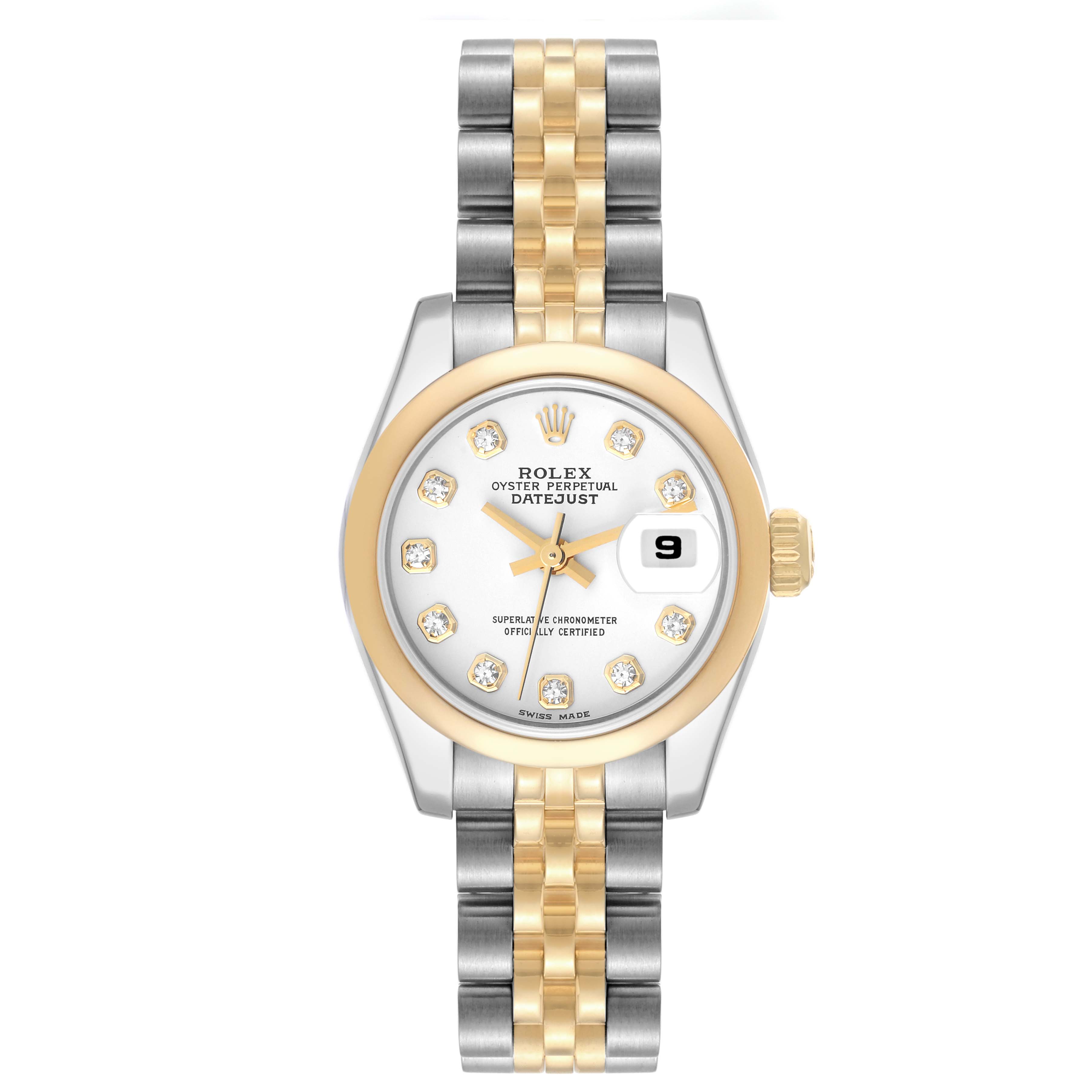 The image shows a front view of a Rolex Datejust 179163 Women's Steel and Gold (two tone) White Dial 179163 Women's Steel and Gold (two tone) White Dial watch with a gold and silver Jubilee bracelet and diamond hour markers.