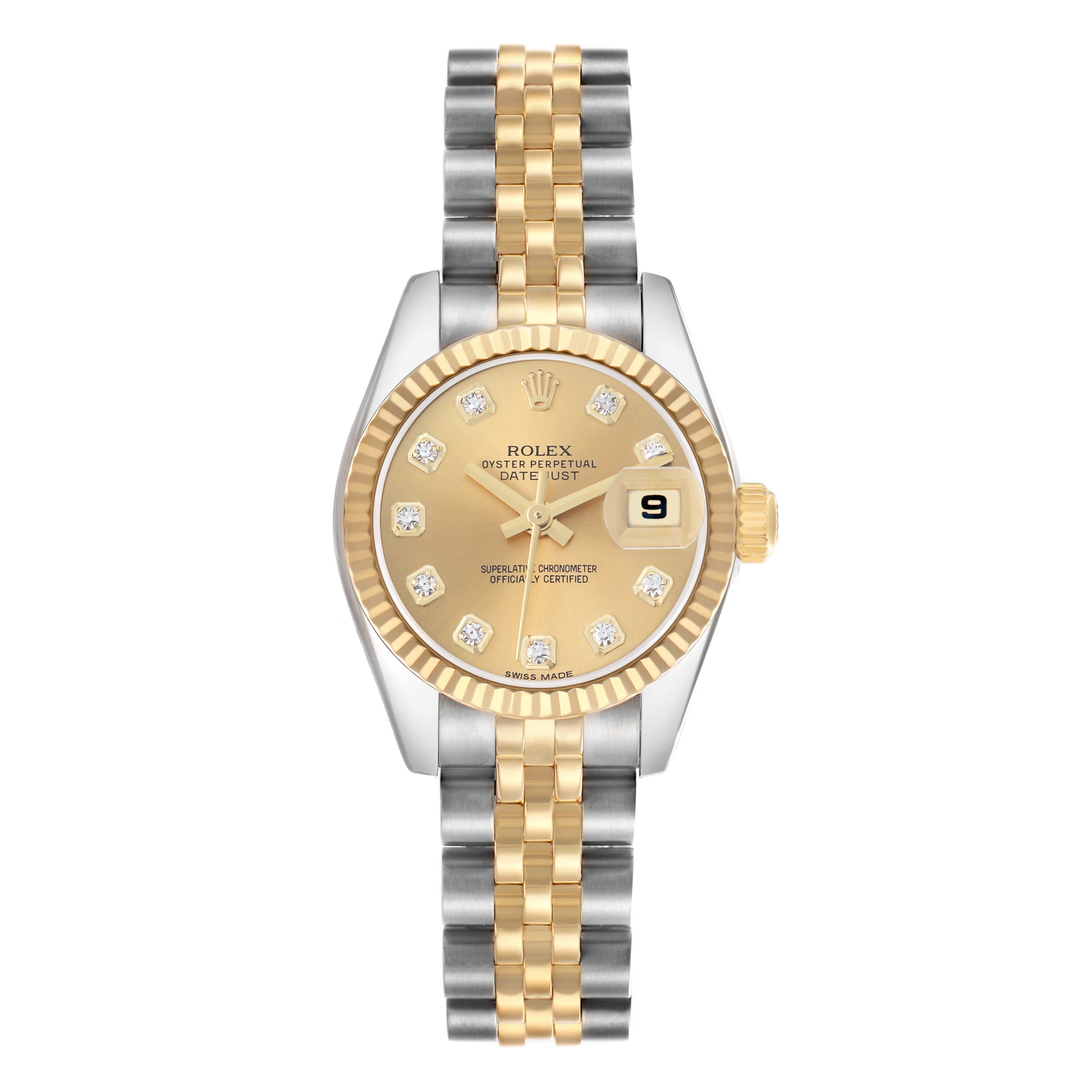 The Rolex Datejust 179173 Women
s Stainless Steel Champagne Dial watch is shown from the front, highlighting its two-tone bracelet and diamond-accented dial.