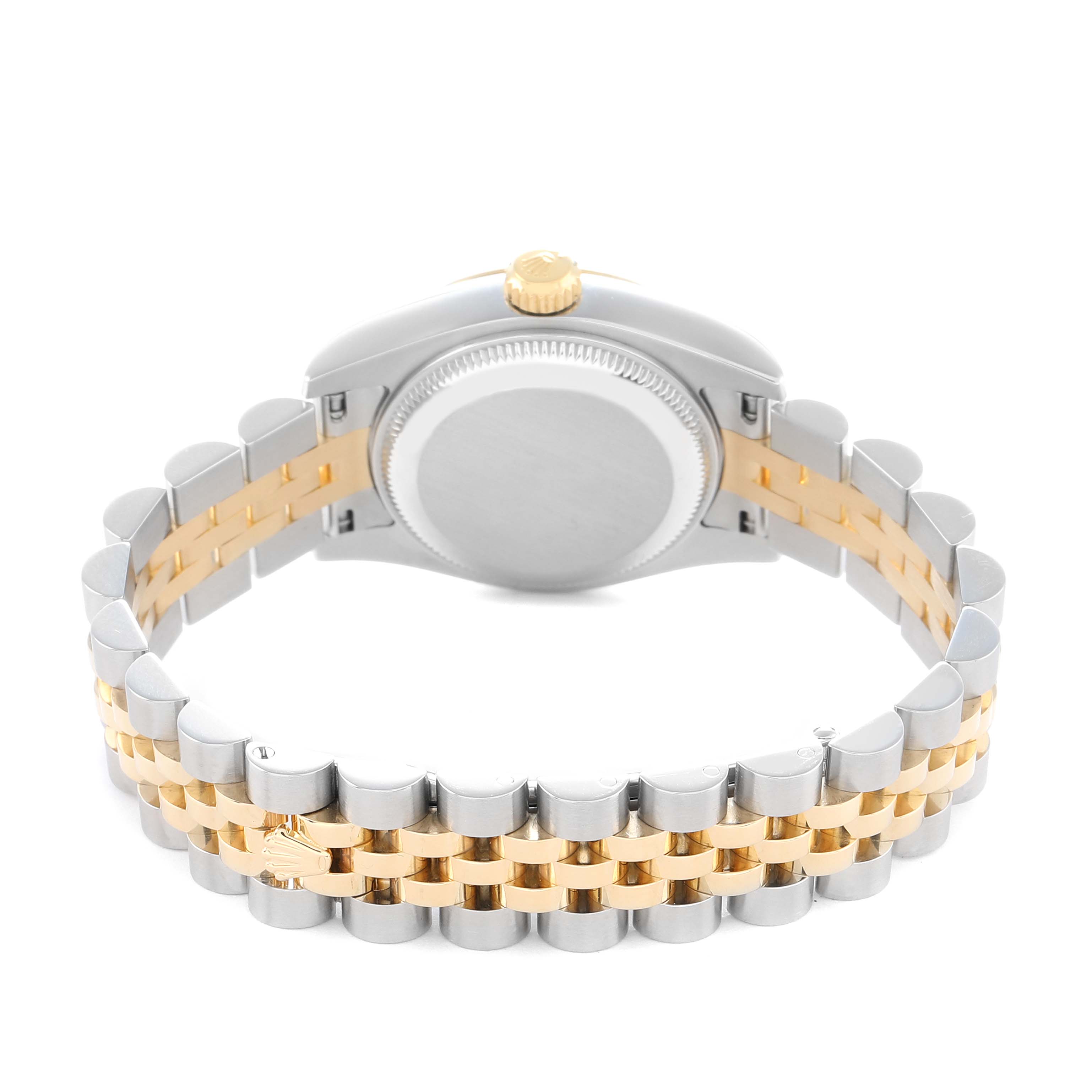 The image shows the back view of a Rolex Datejust 179173 Women
s Stainless Steel Champagne Dial watch, highlighting the two-tone bracelet and the case back.