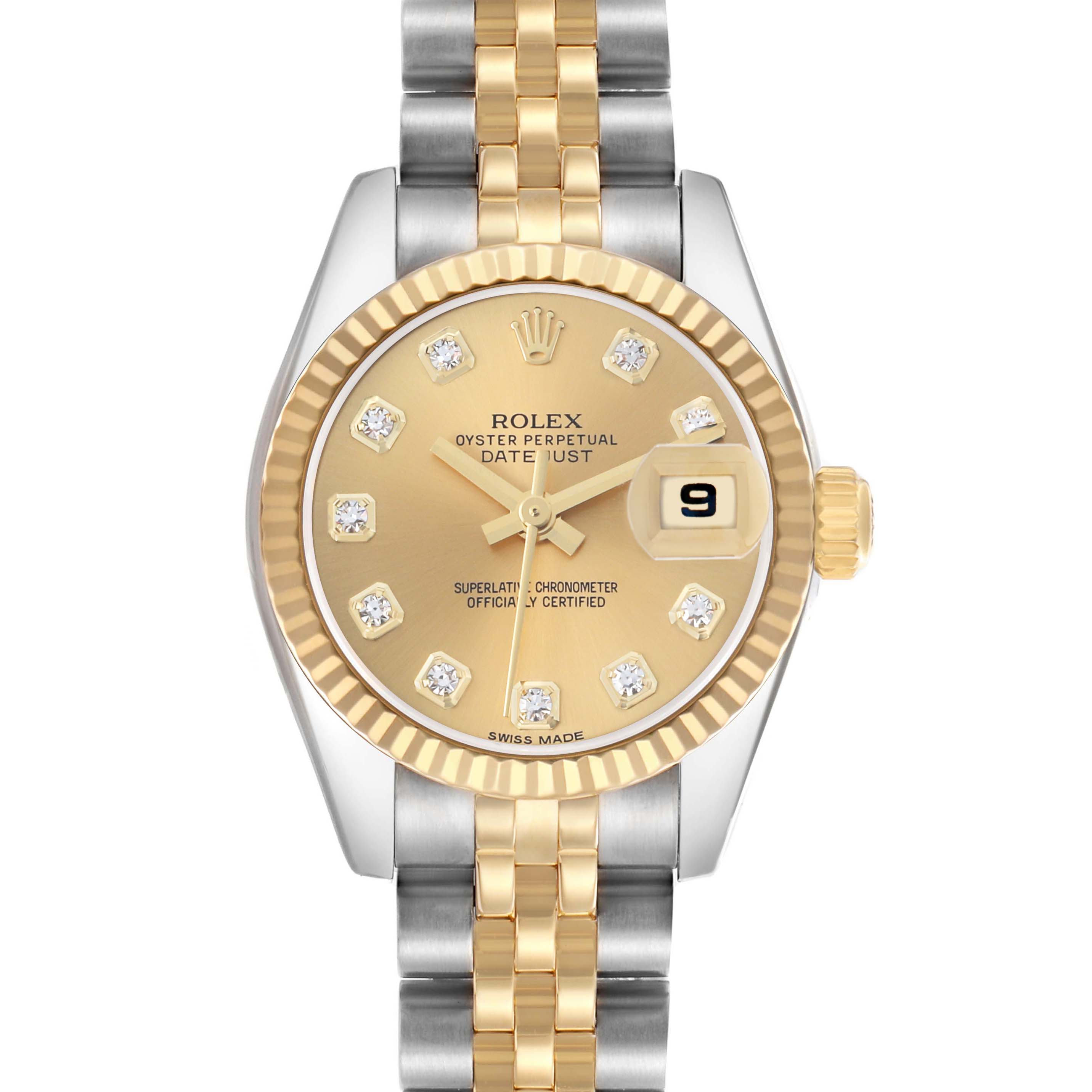 The Rolex Datejust 179173 Women
s Stainless Steel Champagne Dial watch is shown from the front, displaying the dial, bracelet, and crown.