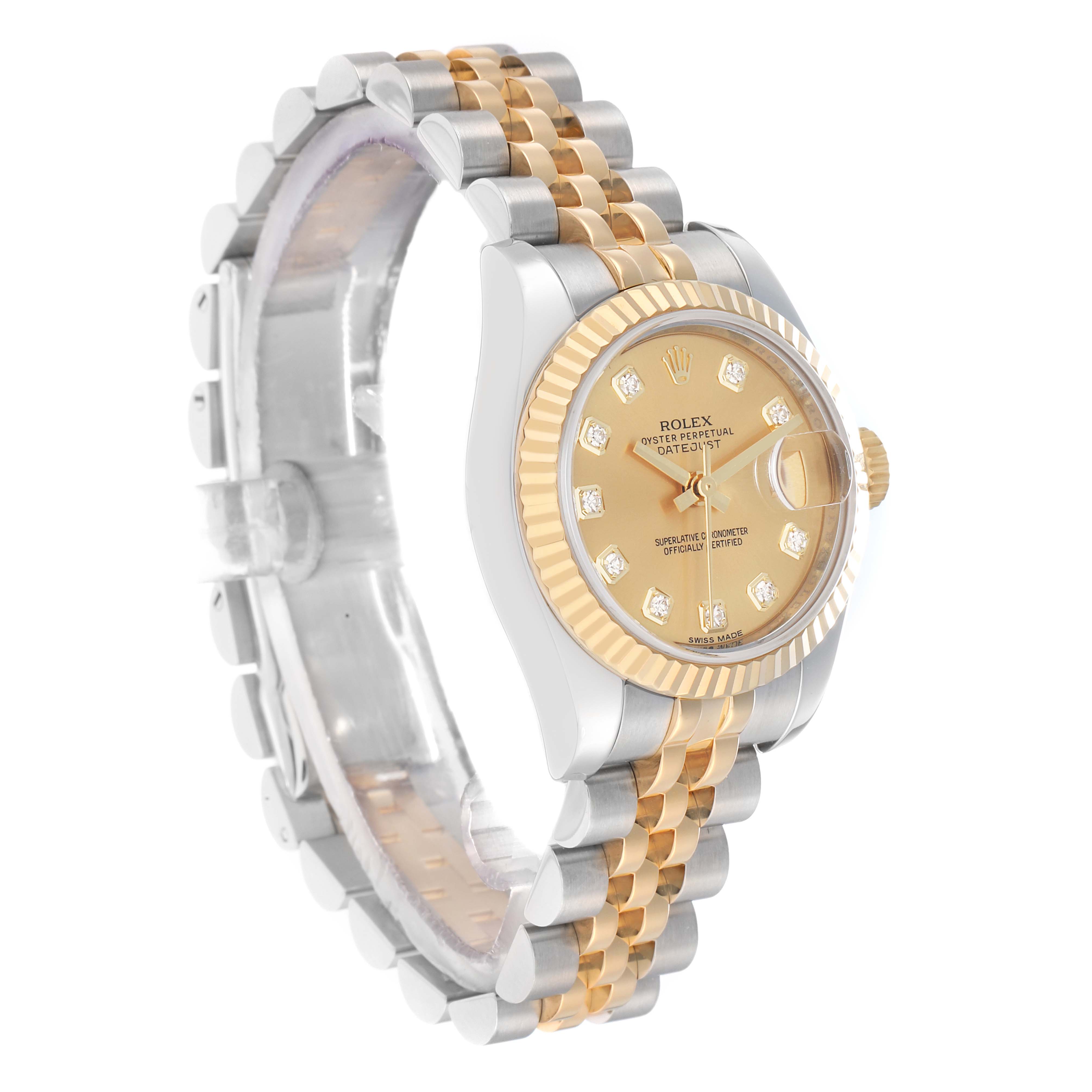 The Rolex Datejust 179173 Women
s Stainless Steel Champagne Dial watch is shown at a three-quarter angle, displaying the face, bezel, and part of the bracelet.