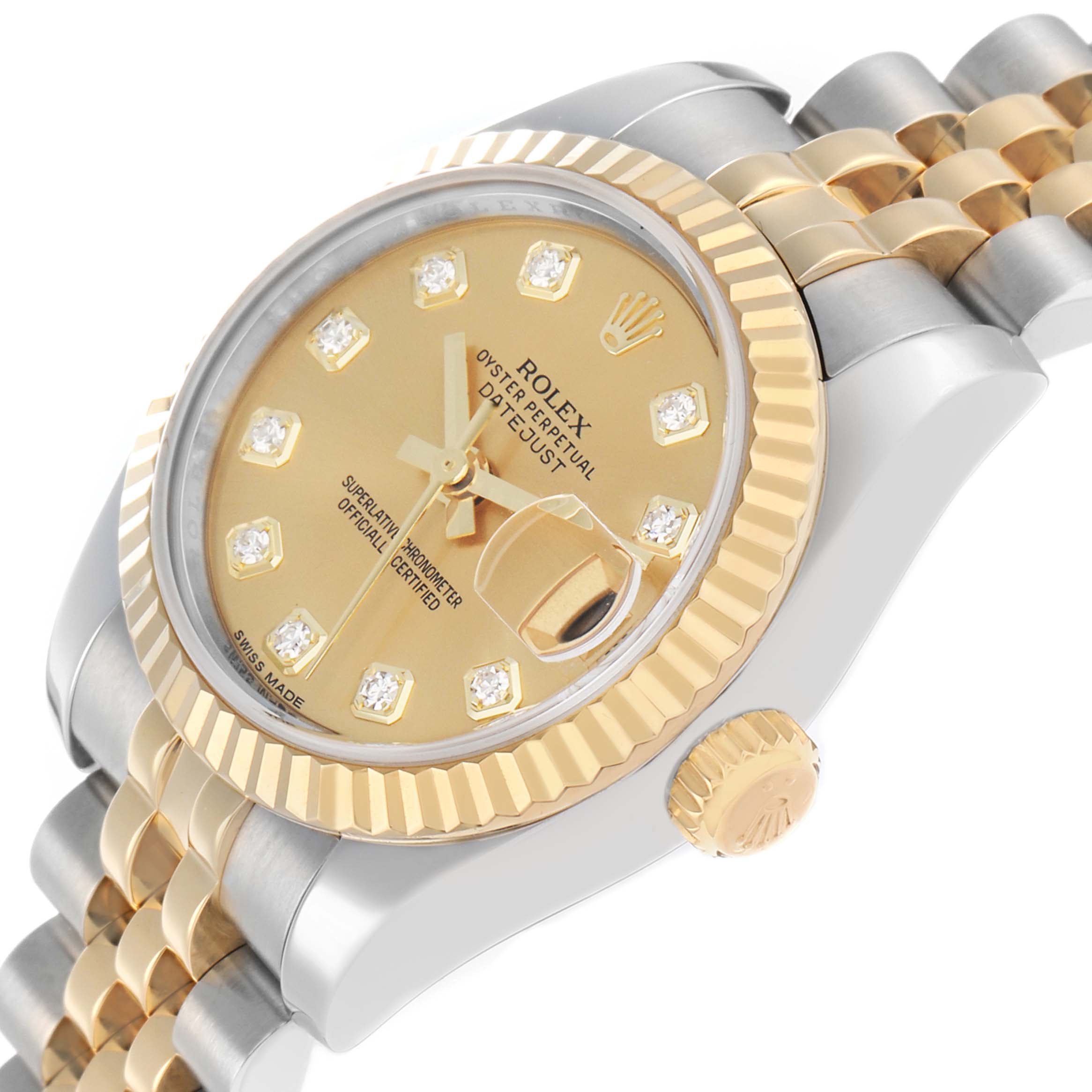 The Rolex Datejust 179173 Women
s Stainless Steel Champagne Dial watch is shown at an angled close-up, highlighting the dial, bezel, crown, and bracelet.