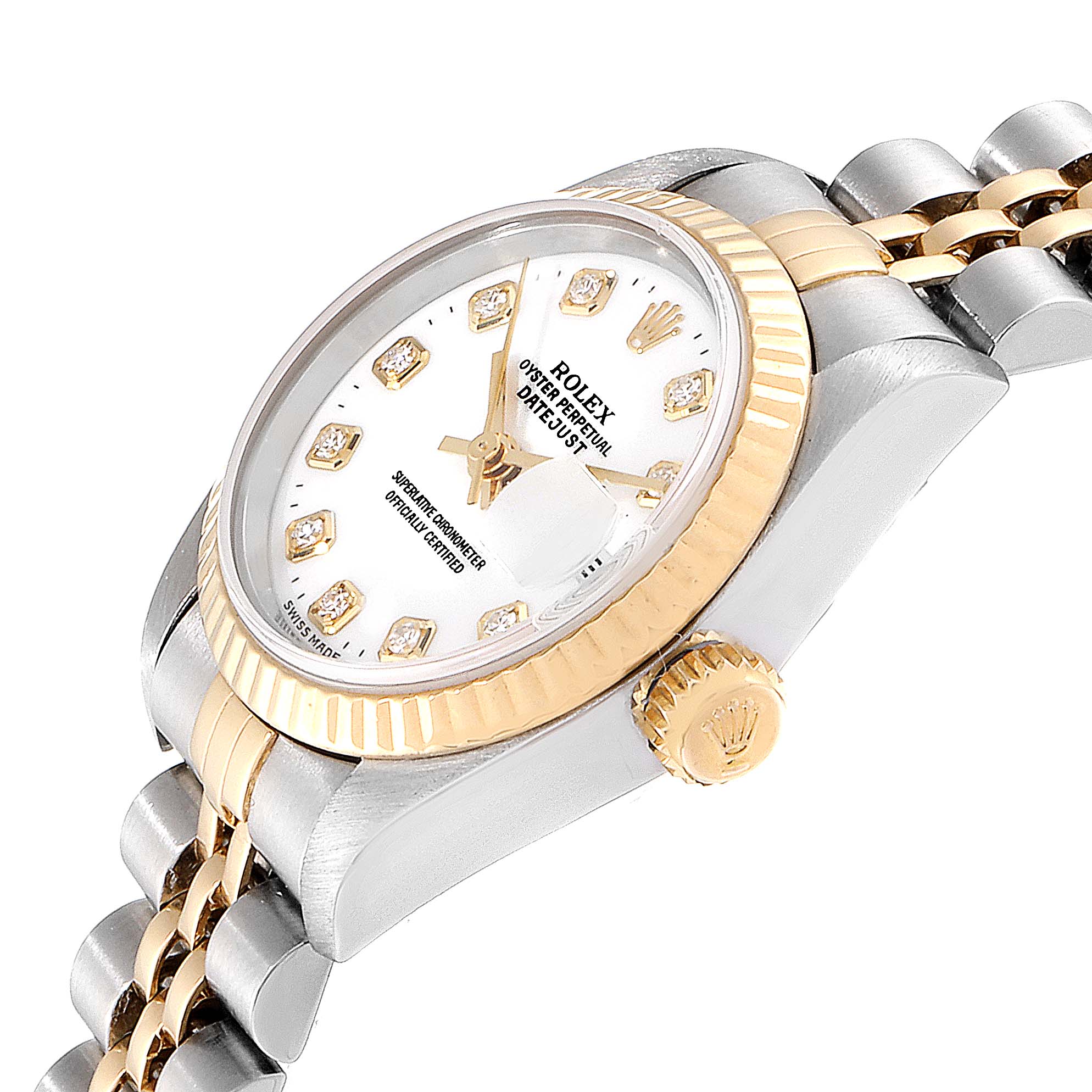 This image shows a Rolex Datejust 69173 Women's Steel and Gold (two tone) White Dial 69173 Women's Steel and Gold (two tone) White Dial watch at a three-quarter angle, highlighting the dial, case, crown, and part of the bracelet.