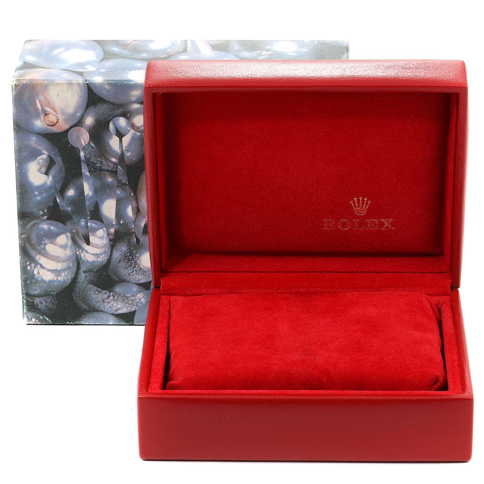 This image shows an open red Rolex watch box, likely meant to hold a Datejust model.
