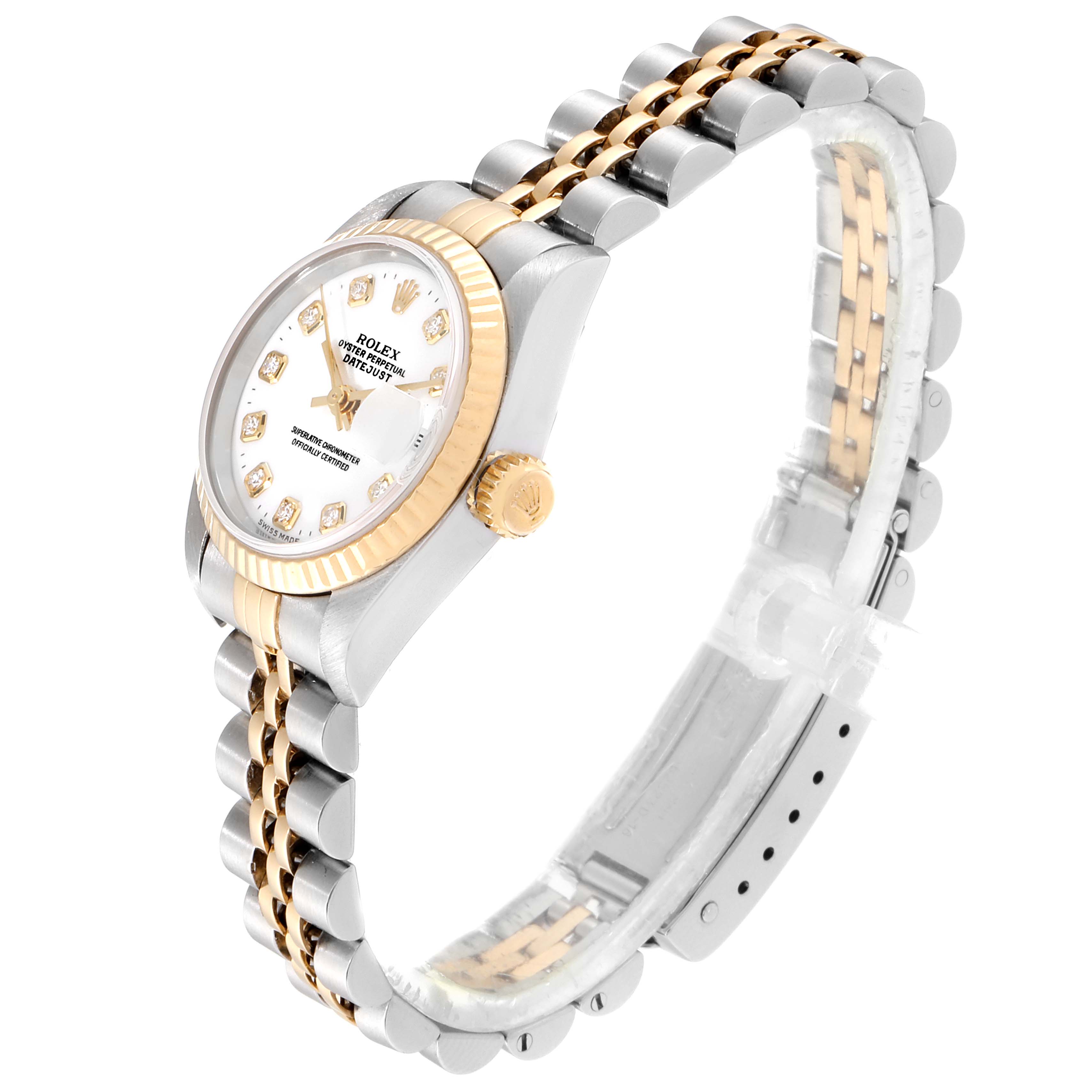 This image shows a side view of the Rolex Datejust 69173 Women's Steel and Gold (two tone) White Dial 69173 Women's Steel and Gold (two tone) White Dial watch, highlighting its dial, crown, and two-tone bracelet.