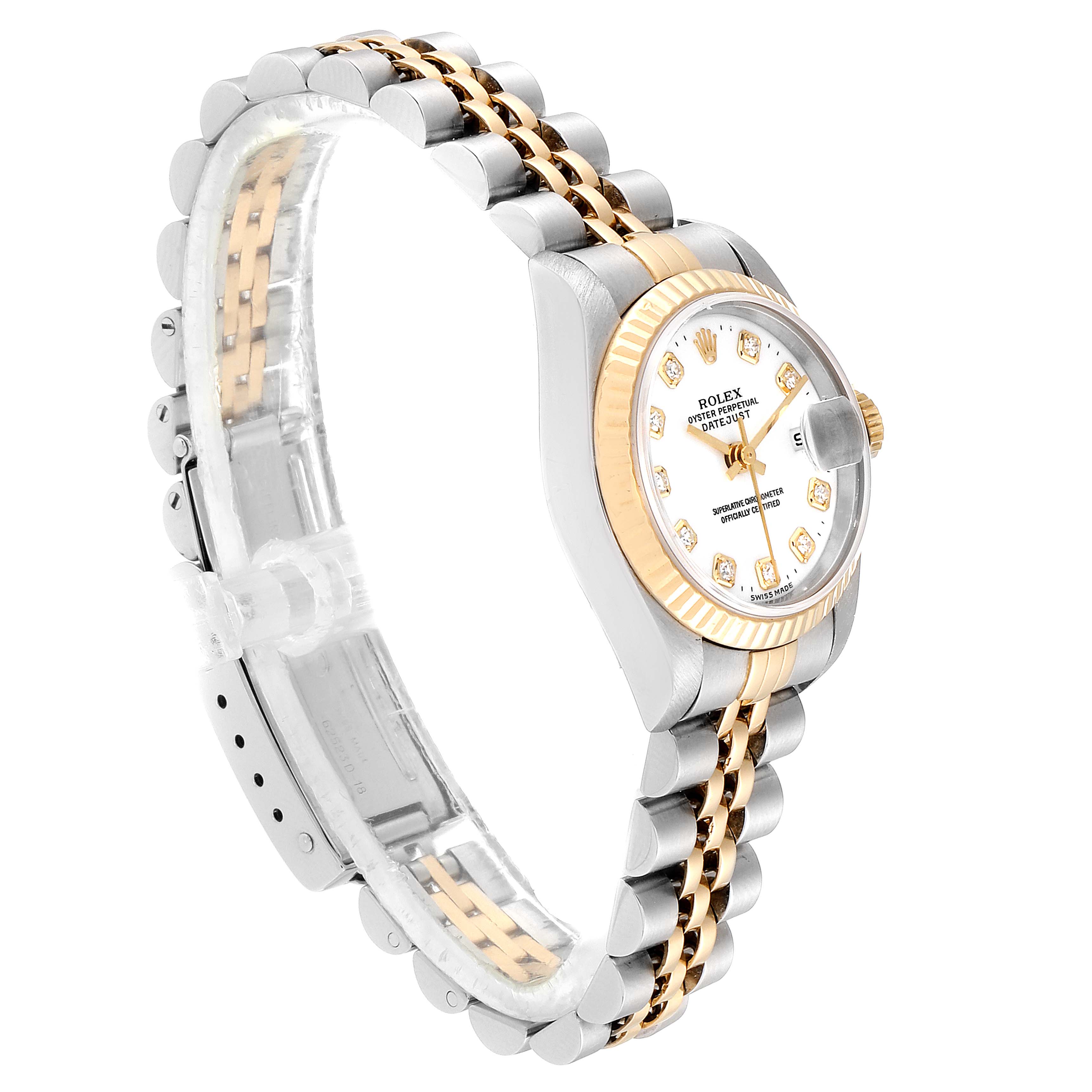 This image shows a side view of a Rolex Datejust 69173 Women's Steel and Gold (two tone) White Dial 69173 Women's Steel and Gold (two tone) White Dial watch, highlighting the case, bracelet, and dial.
