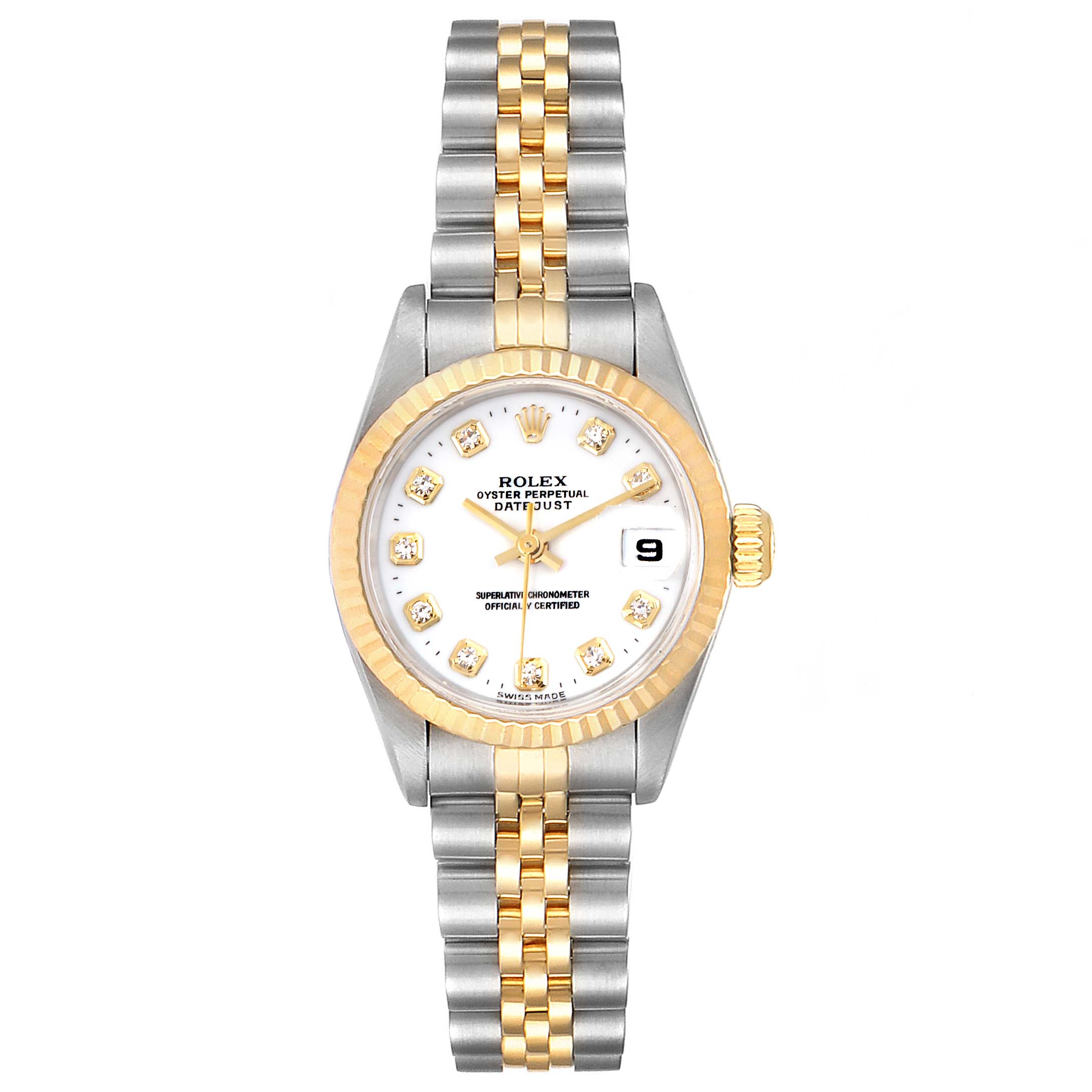 This image shows a frontal view of a Rolex Datejust 69173 Women's Steel and Gold (two tone) White Dial 69173 Women's Steel and Gold (two tone) White Dial watch, highlighting its jubilee bracelet, gold fluted bezel, and white dial with diamond markers.