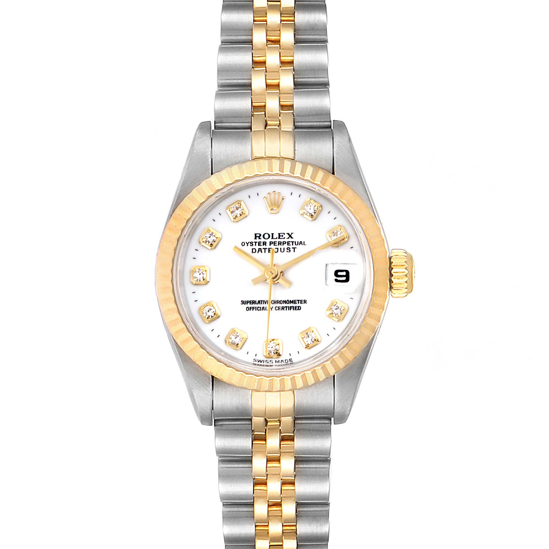 The image shows a Rolex Datejust 69173 Women's Steel and Gold (two tone) White Dial 69173 Women's Steel and Gold (two tone) White Dial watch in a front-facing angle, highlighting its dial, bezel, and bracelet.