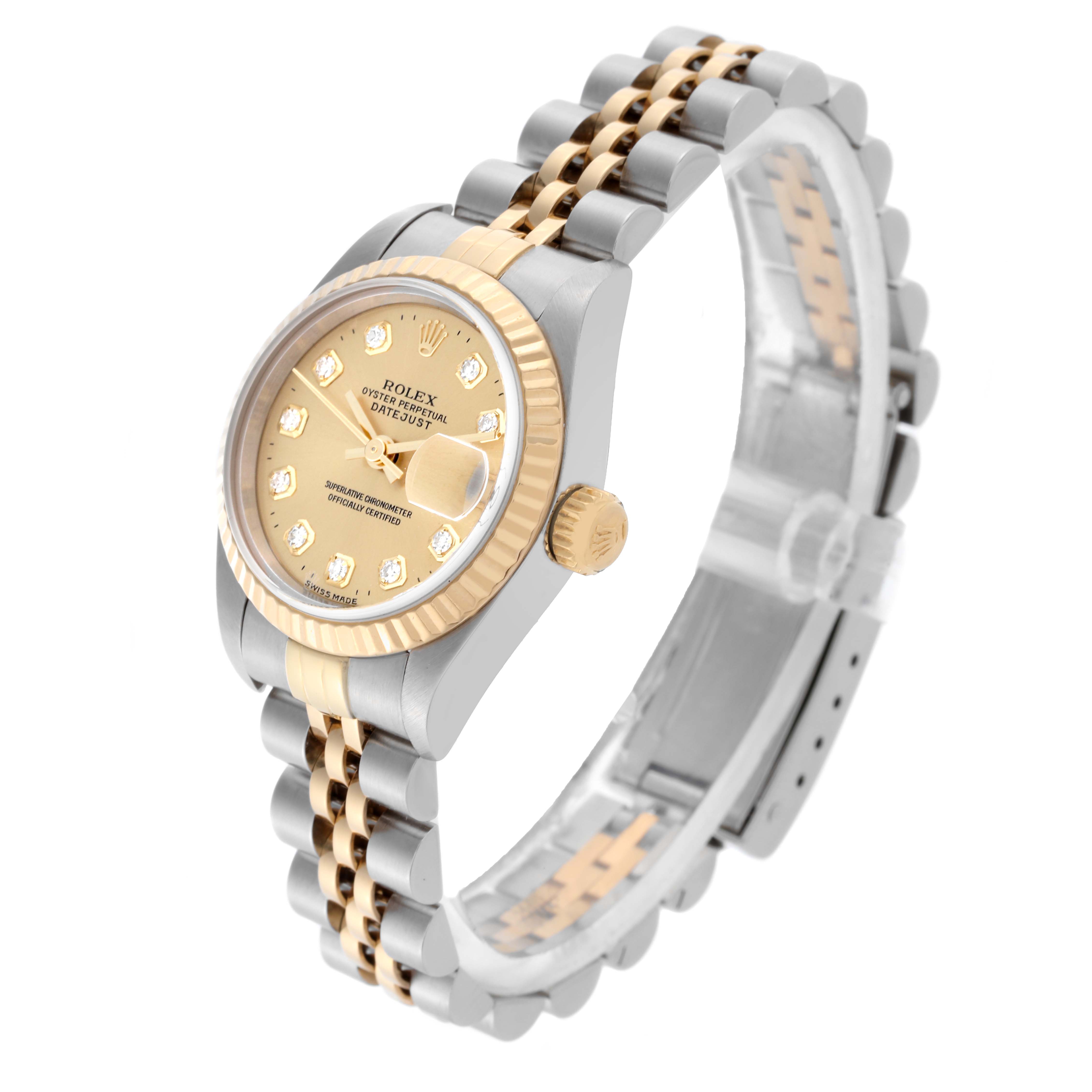 The Rolex Datejust 69173 Women's Steel and Gold (two tone) Champagne Dial 69173 Women's Steel and Gold (two tone) Champagne Dial watch is shown at a three-quarter angle, displaying the dial, bezel, crown, and bracelet.