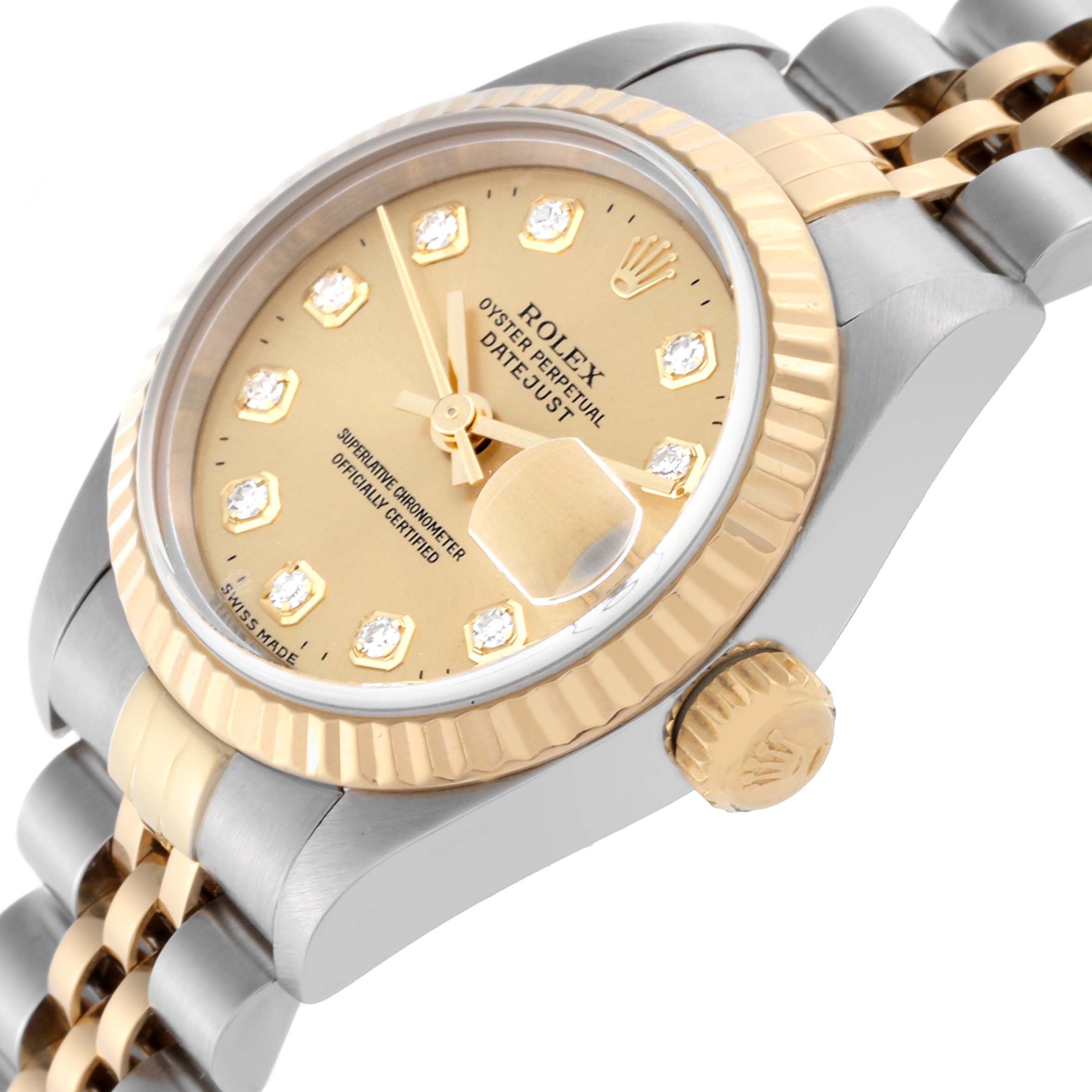 The Rolex Datejust 69173 Women's Steel and Gold (two tone) Champagne Dial 69173 Women's Steel and Gold (two tone) Champagne Dial watch is shown at an angle highlighting the face, bezel, crown, and part of the bracelet.