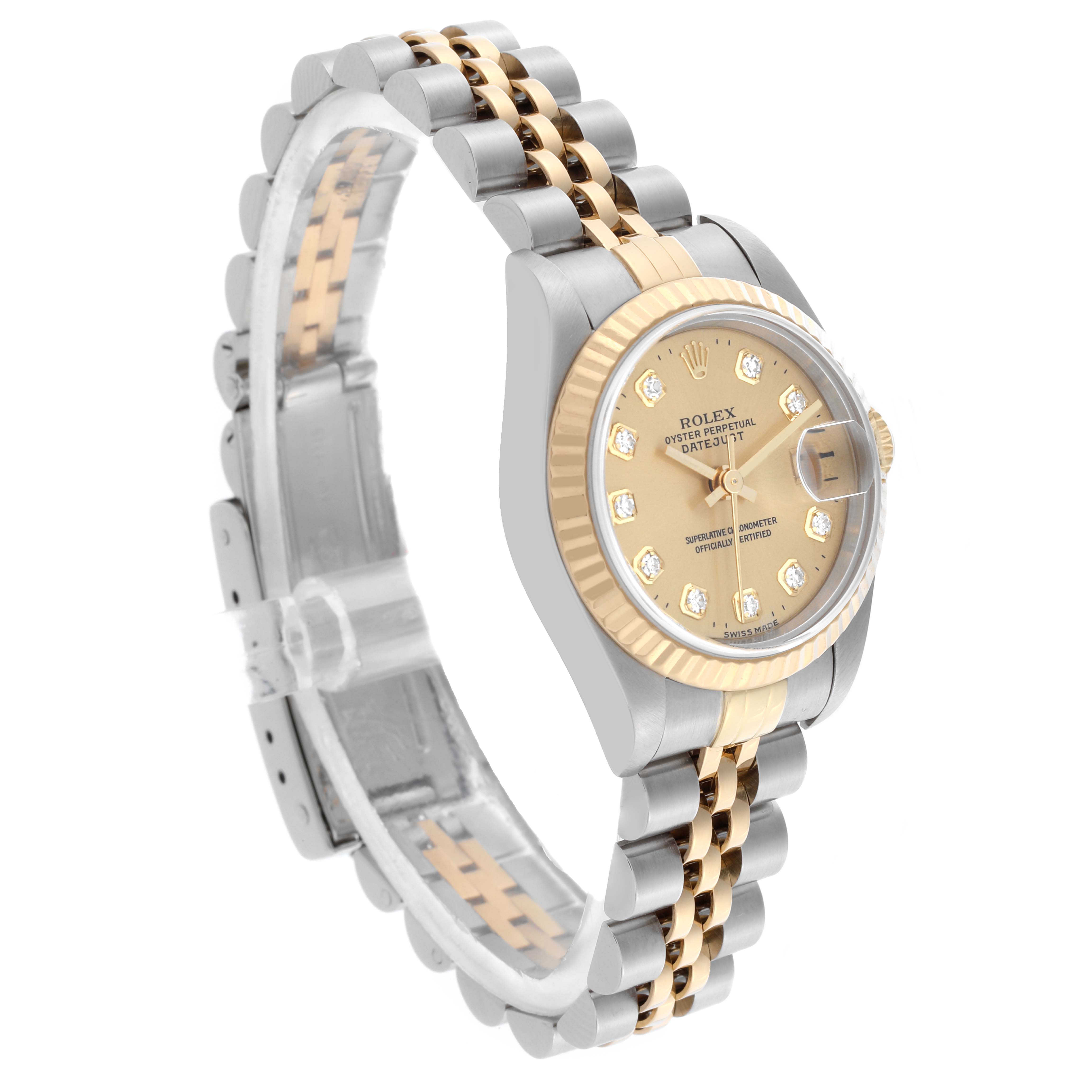 The Rolex Datejust 69173 Women's Steel and Gold (two tone) Champagne Dial 69173 Women's Steel and Gold (two tone) Champagne Dial watch is shown at a three-quarter angle, highlighting the face, bezel, and jubilee bracelet.