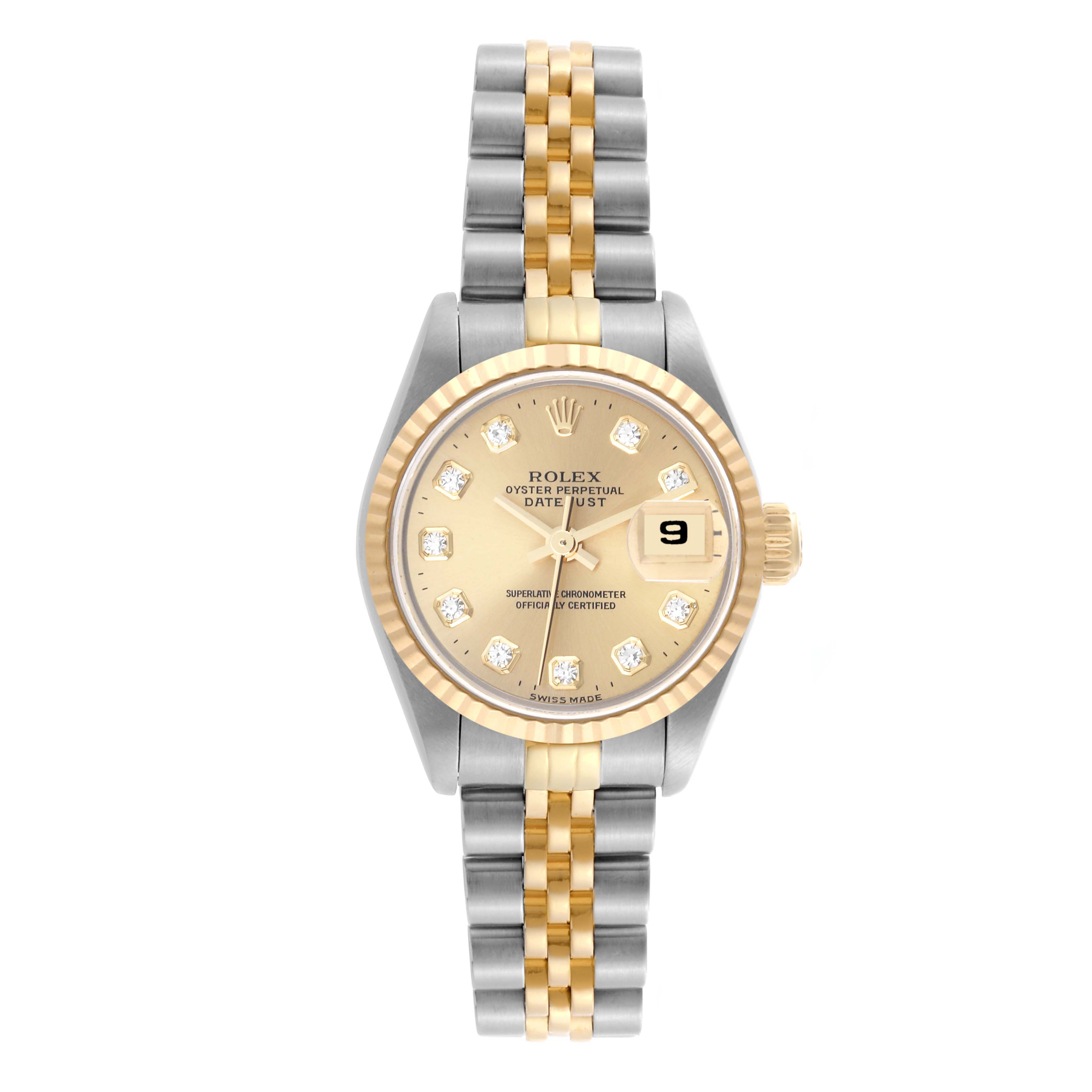 The Rolex Datejust 69173 Women's Steel and Gold (two tone) Champagne Dial 69173 Women's Steel and Gold (two tone) Champagne Dial watch is shown from the front, displaying its gold and silver bracelet, bezel, dial, and date window.