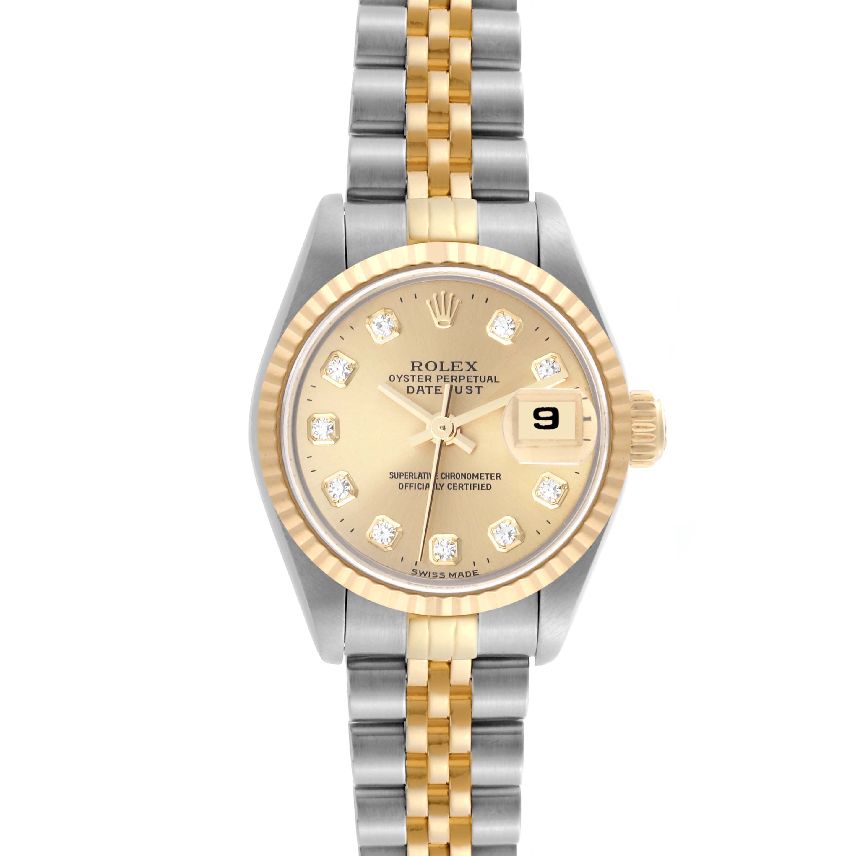 The Rolex Datejust 69173 Women's Steel and Gold (two tone) Champagne Dial 69173 Women's Steel and Gold (two tone) Champagne Dial watch is shown from a top view, displaying the face, bezel, bracelet, and date window clearly.