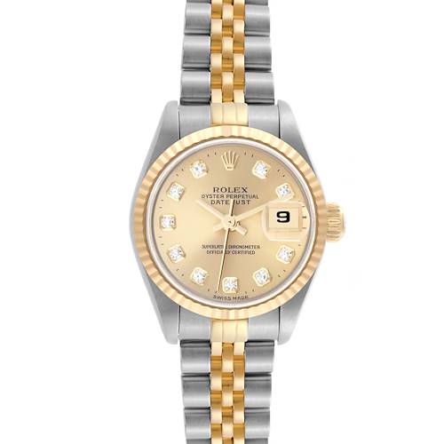 The Rolex Datejust watch is shown from a top-down angle, highlighting the bezel, dial, case, and bracelet.