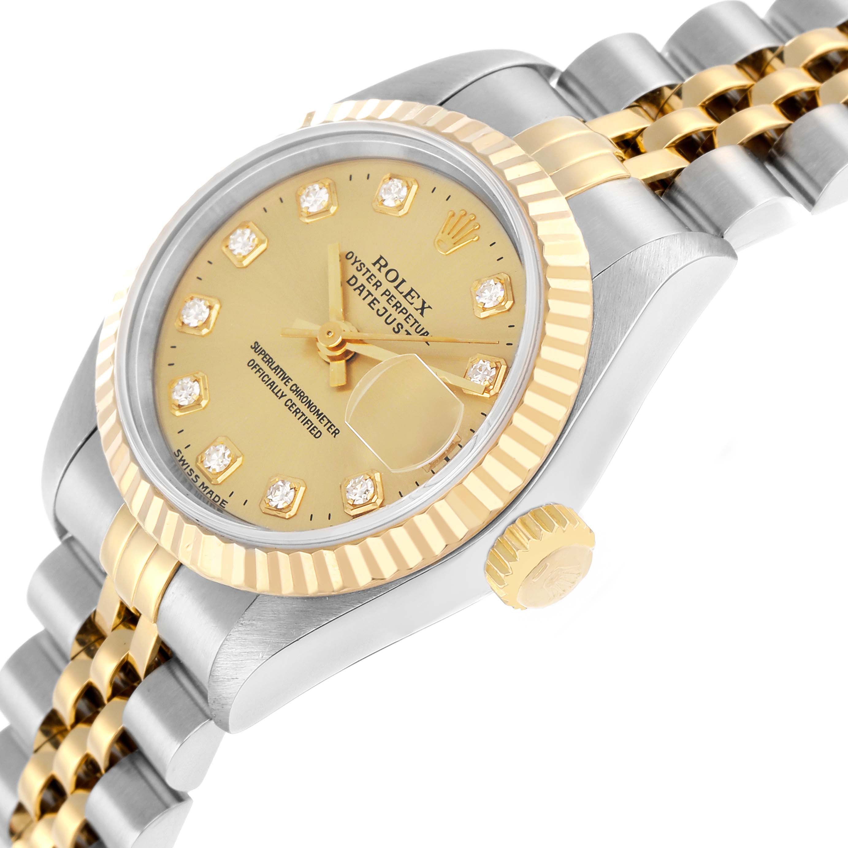 The Rolex Datejust 69173 Women
s Steel and Gold (two tone) Champagne Dial watch is shown at a slight angle, displaying its yellow gold dial, diamond markers, fluted bezel, and Jubilee bracelet.