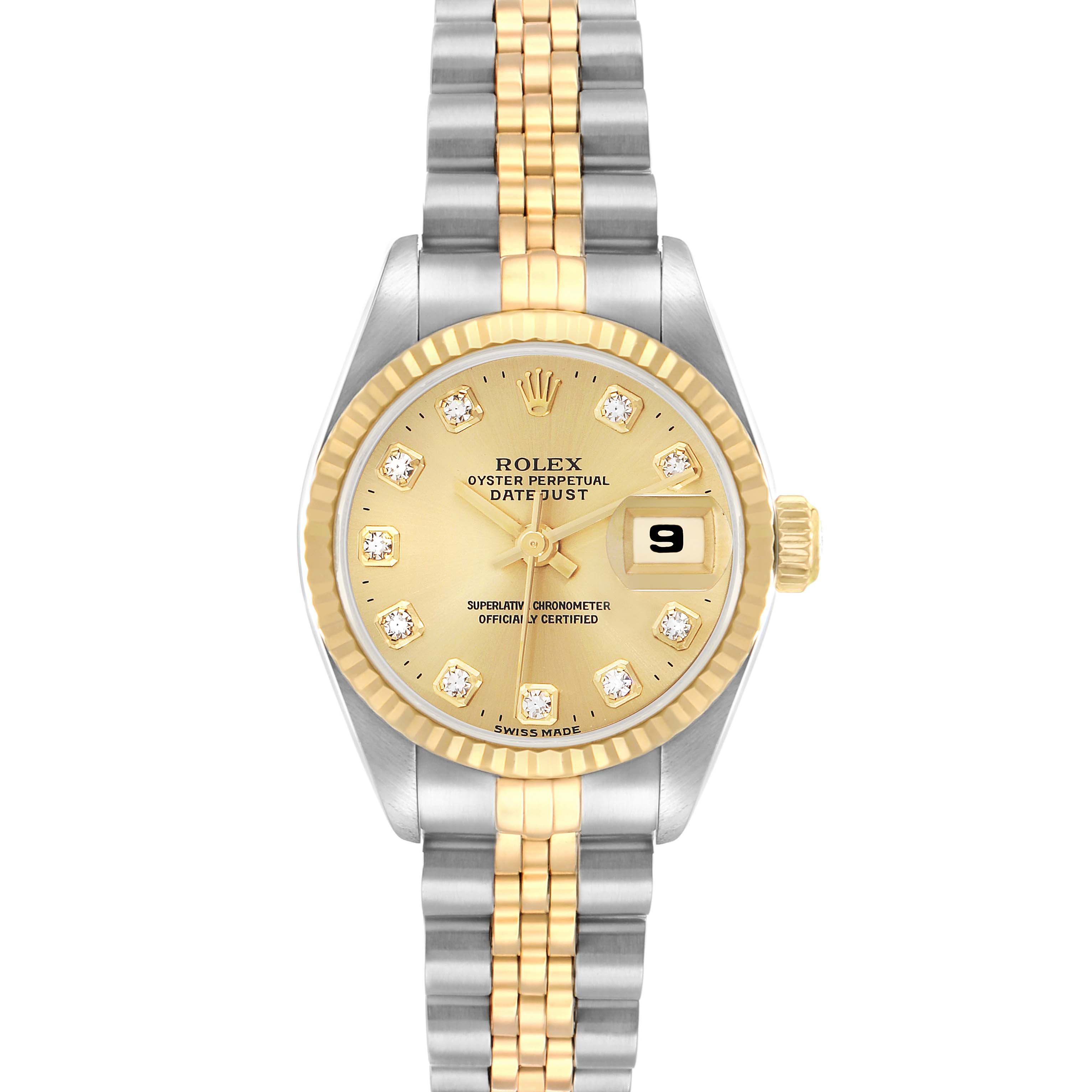 The Rolex Datejust 69173 Women
s Steel and Gold (two tone) Champagne Dial is shown from the front, displaying its dial, bezel, and two-tone bracelet.