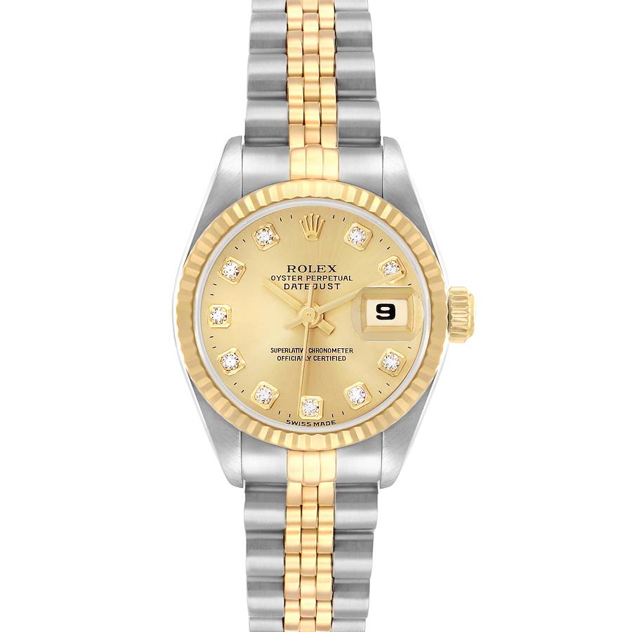 The Rolex Datejust 69173 Women's Steel and Gold (two tone) Champagne Dial is shown from the front, displaying its dial, bezel, and two-tone bracelet.