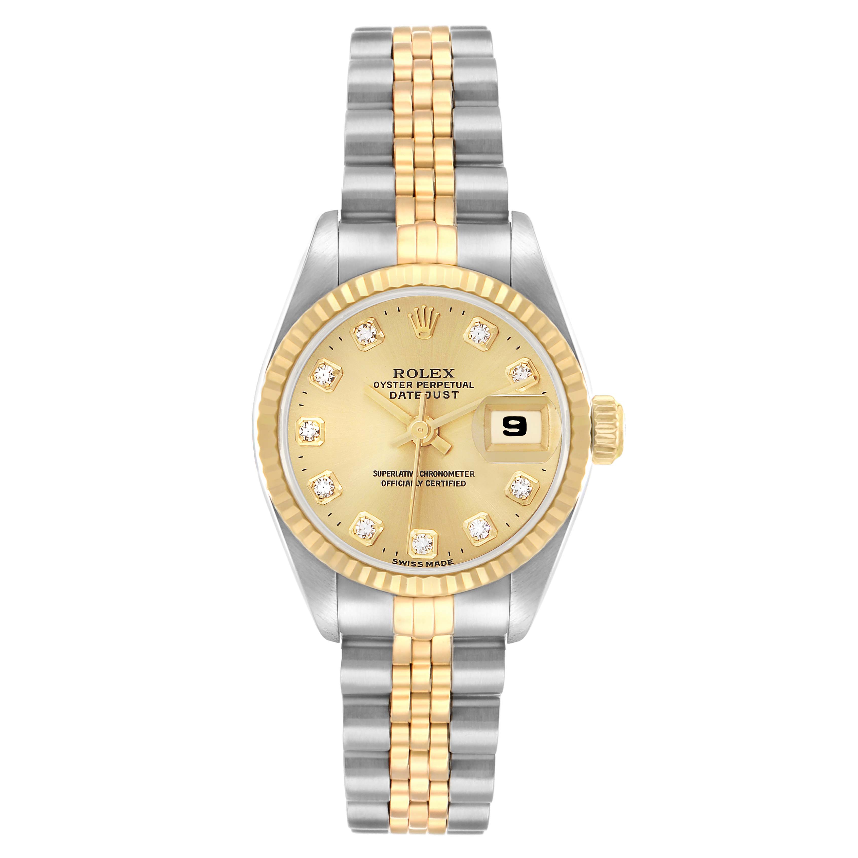 The image shows a frontal view of a Rolex Datejust 69173 Women
s Steel and Gold (two tone) Champagne Dial watch, highlighting its gold and silver bracelet, fluted bezel, and date display.