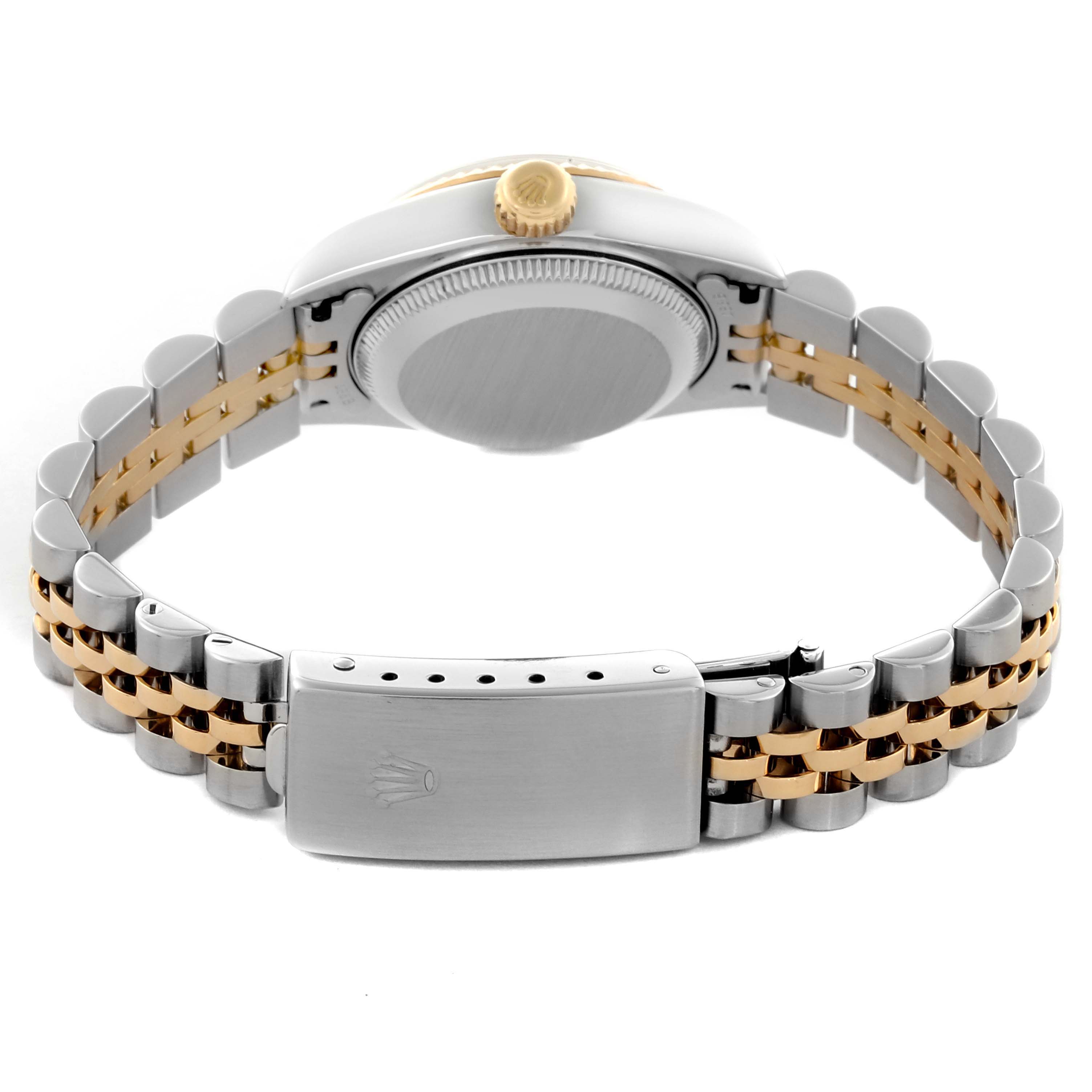 The Rolex Datejust 69173 Women's Steel and Gold (two tone) Champagne Dial 69173 Women's Steel and Gold (two tone) Champagne Dial is shown from the back, highlighting the clasp, bracelet, and case back.