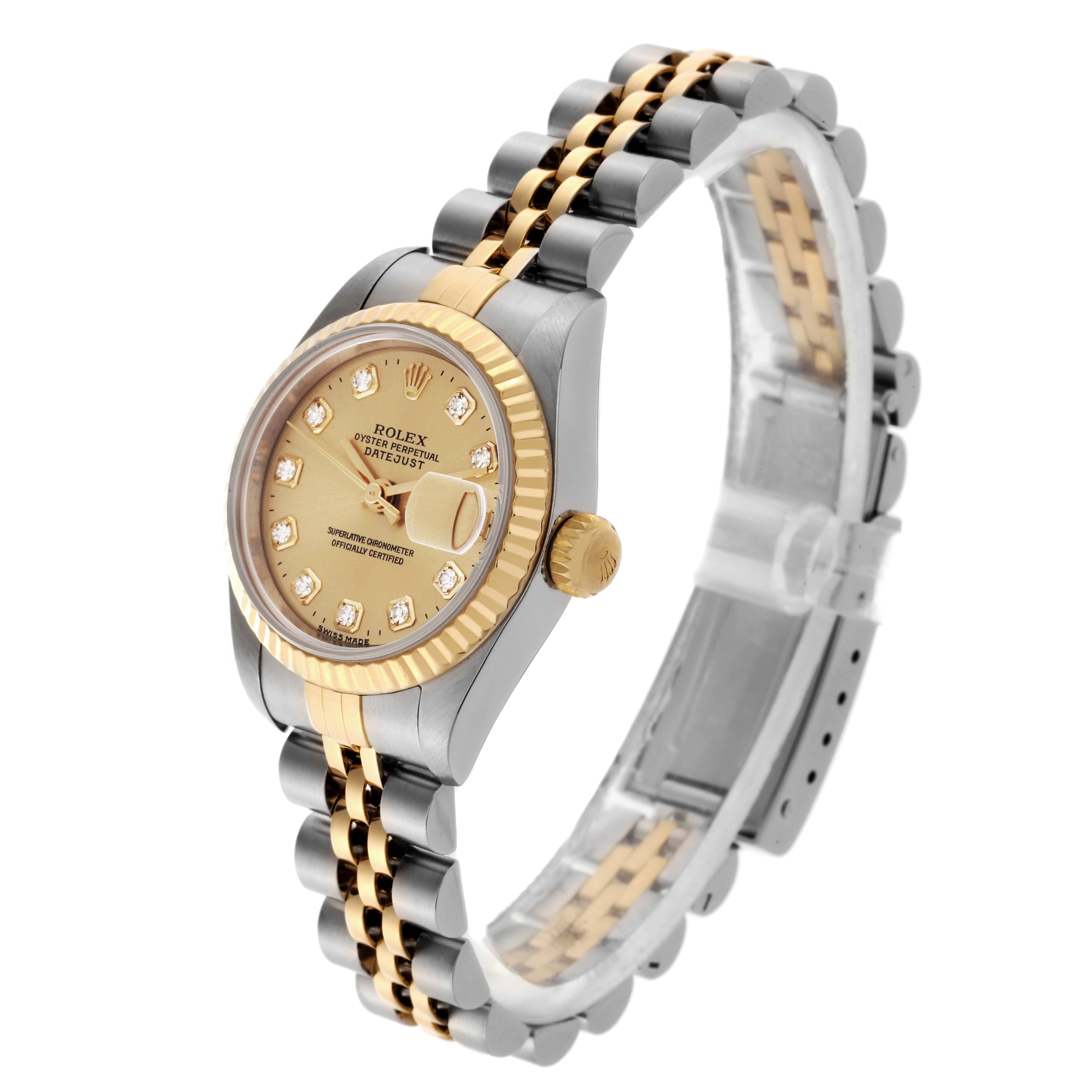 The Rolex Datejust 69173 Women's Steel and Gold (two tone) Champagne Dial 69173 Women's Steel and Gold (two tone) Champagne Dial watch is shown at a three-quarter angle, highlighting the dial, bezel, crown, and bracelet.