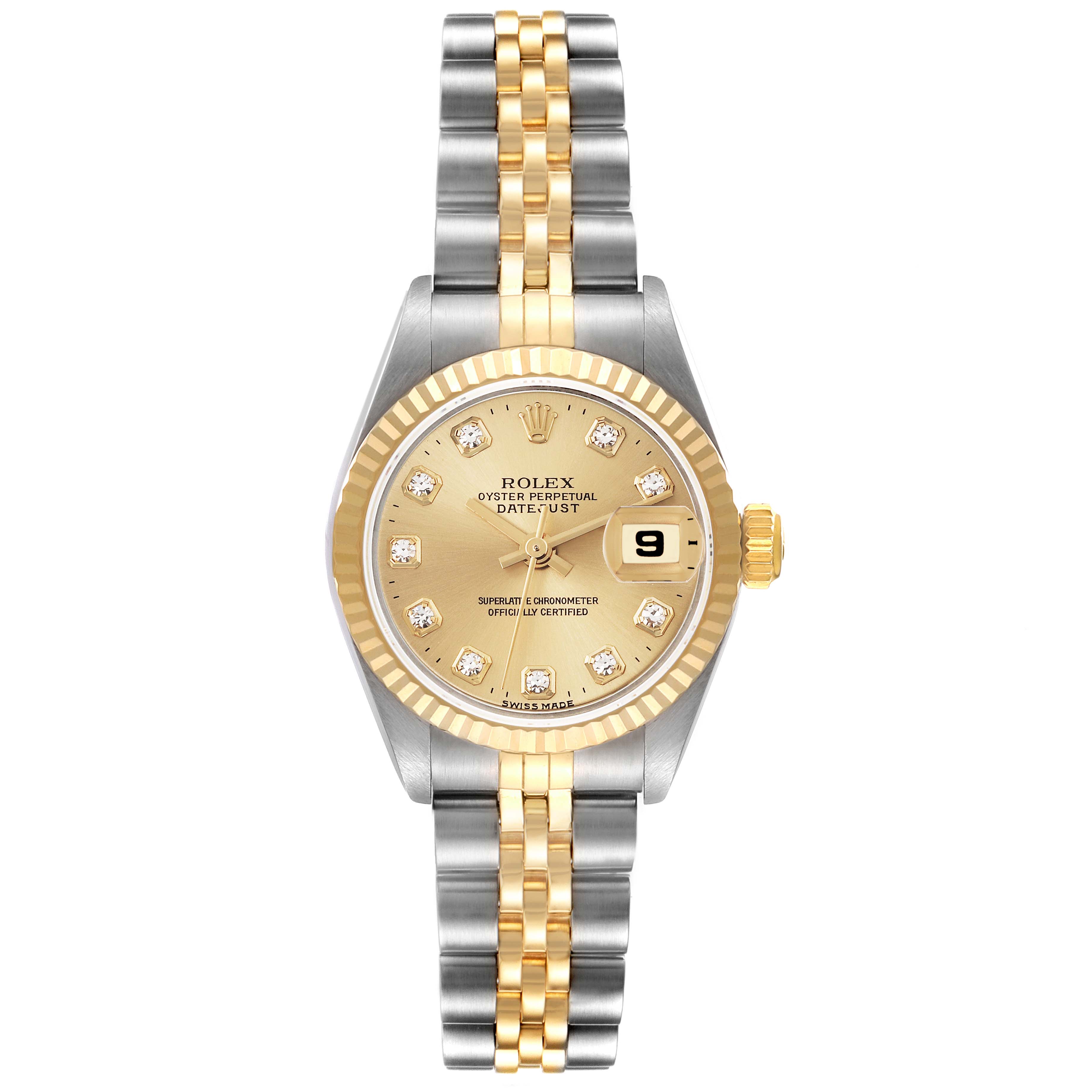 The Rolex Datejust 69173 Women's Steel and Gold (two tone) Champagne Dial 69173 Women's Steel and Gold (two tone) Champagne Dial watch is shown from the front, displaying its dial, bezel, and two-tone bracelet.