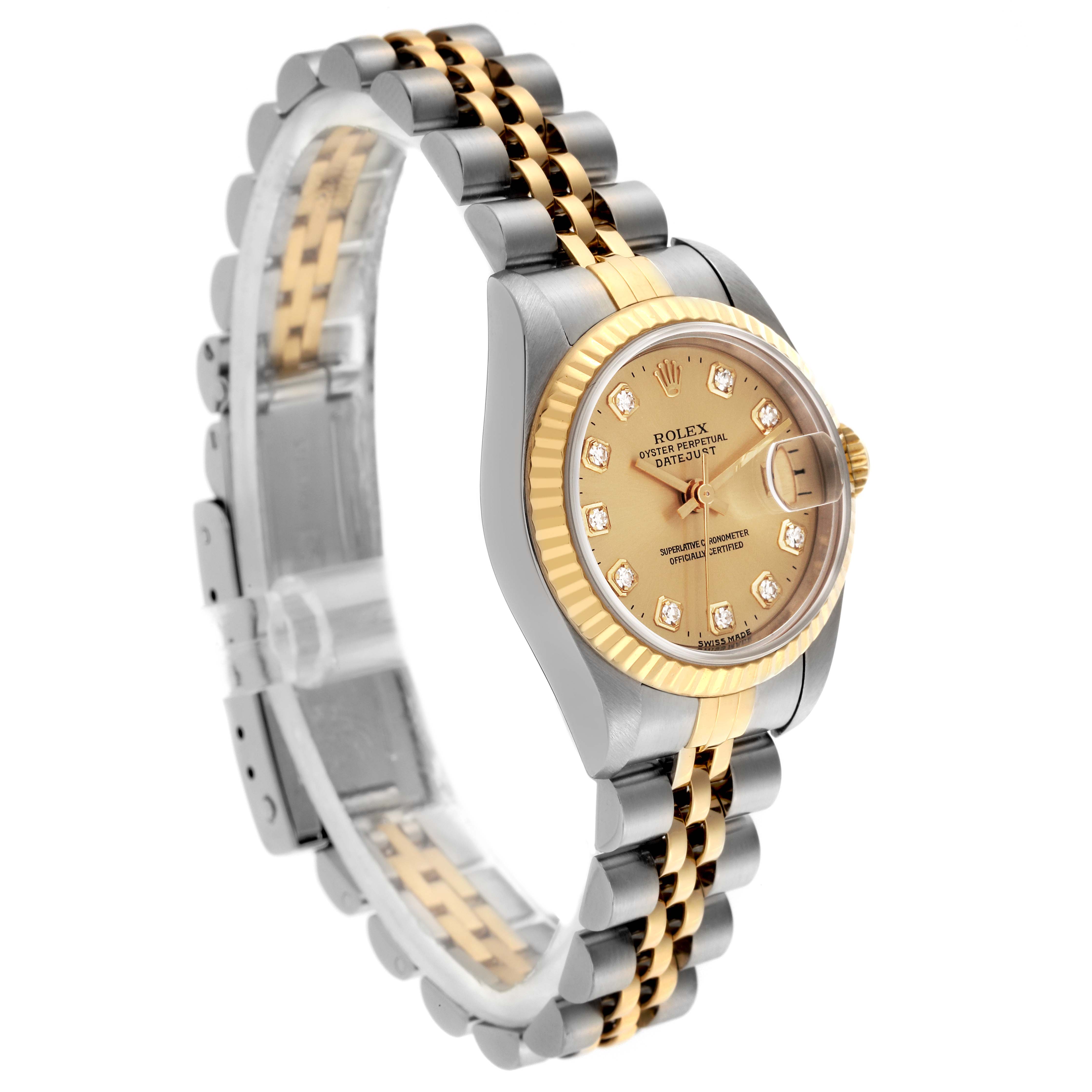 The Rolex Datejust 69173 Women's Steel and Gold (two tone) Champagne Dial 69173 Women's Steel and Gold (two tone) Champagne Dial watch is shown at a slight angle, displaying the dial, bezel, crown, and bracelet.